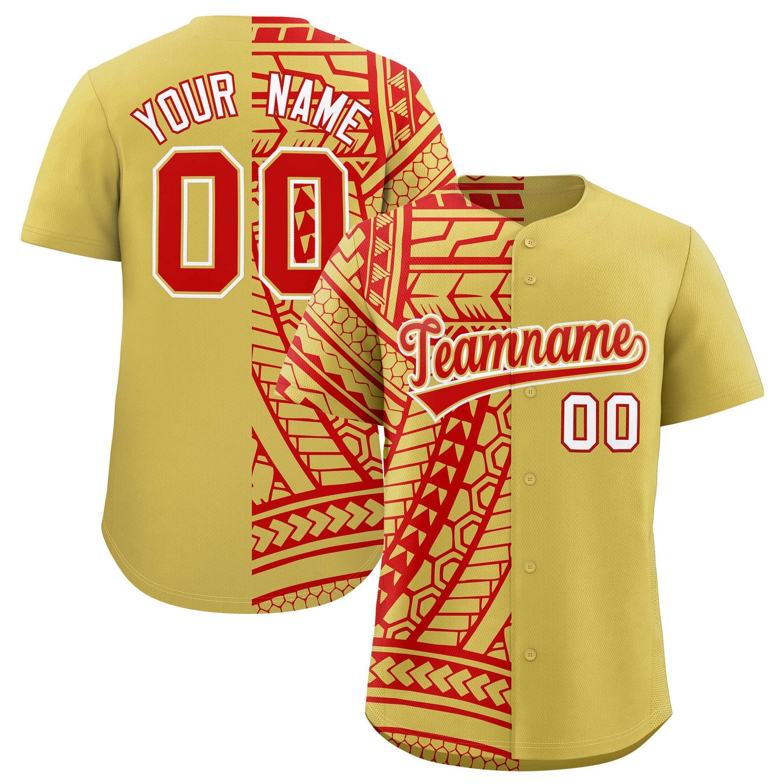 Custom Red Old Gold Split Fashion Tribal Pattern Authentic Baseball Jersey