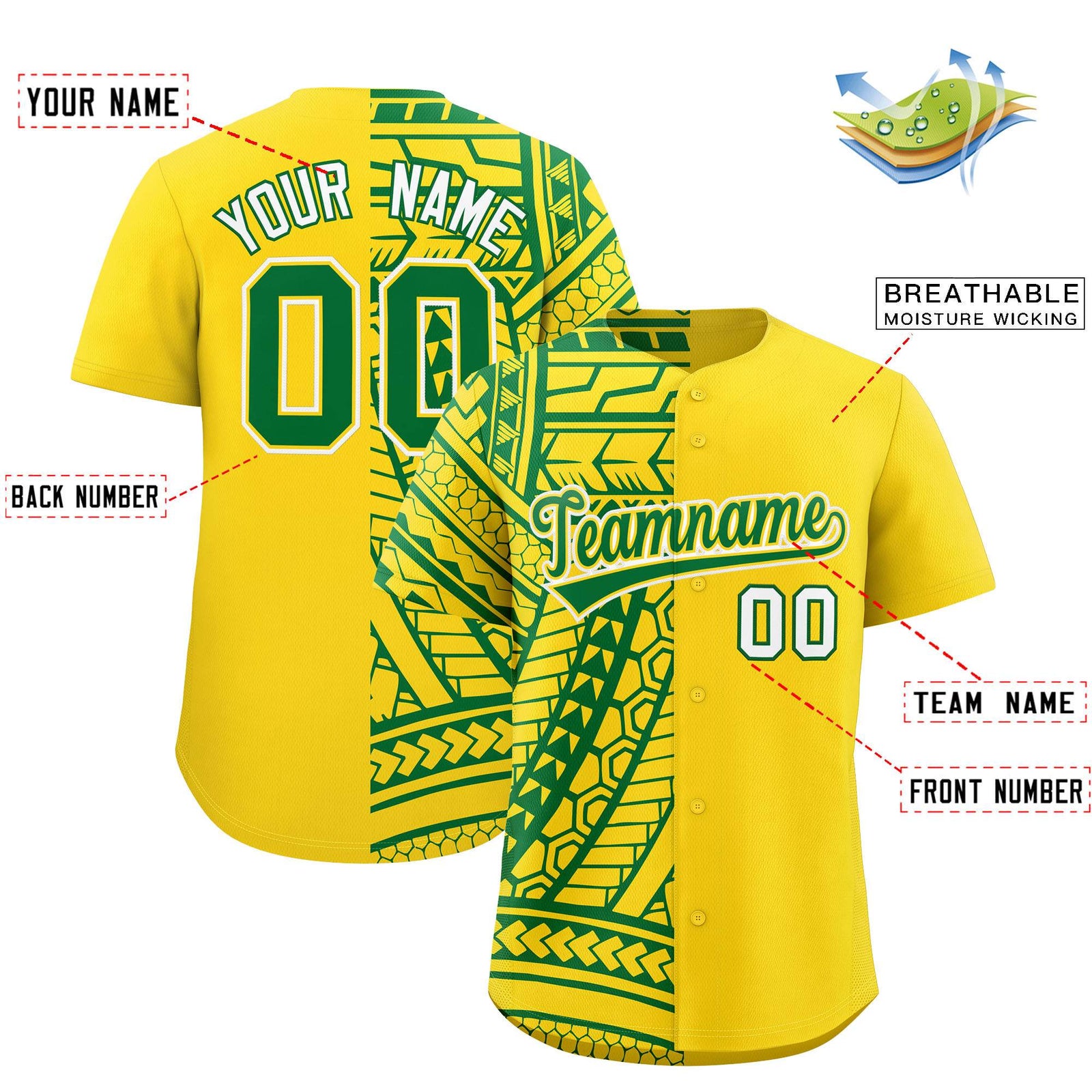 Custom Gold Kelly Green Split Fashion Tribal Pattern Authentic Baseball Jersey