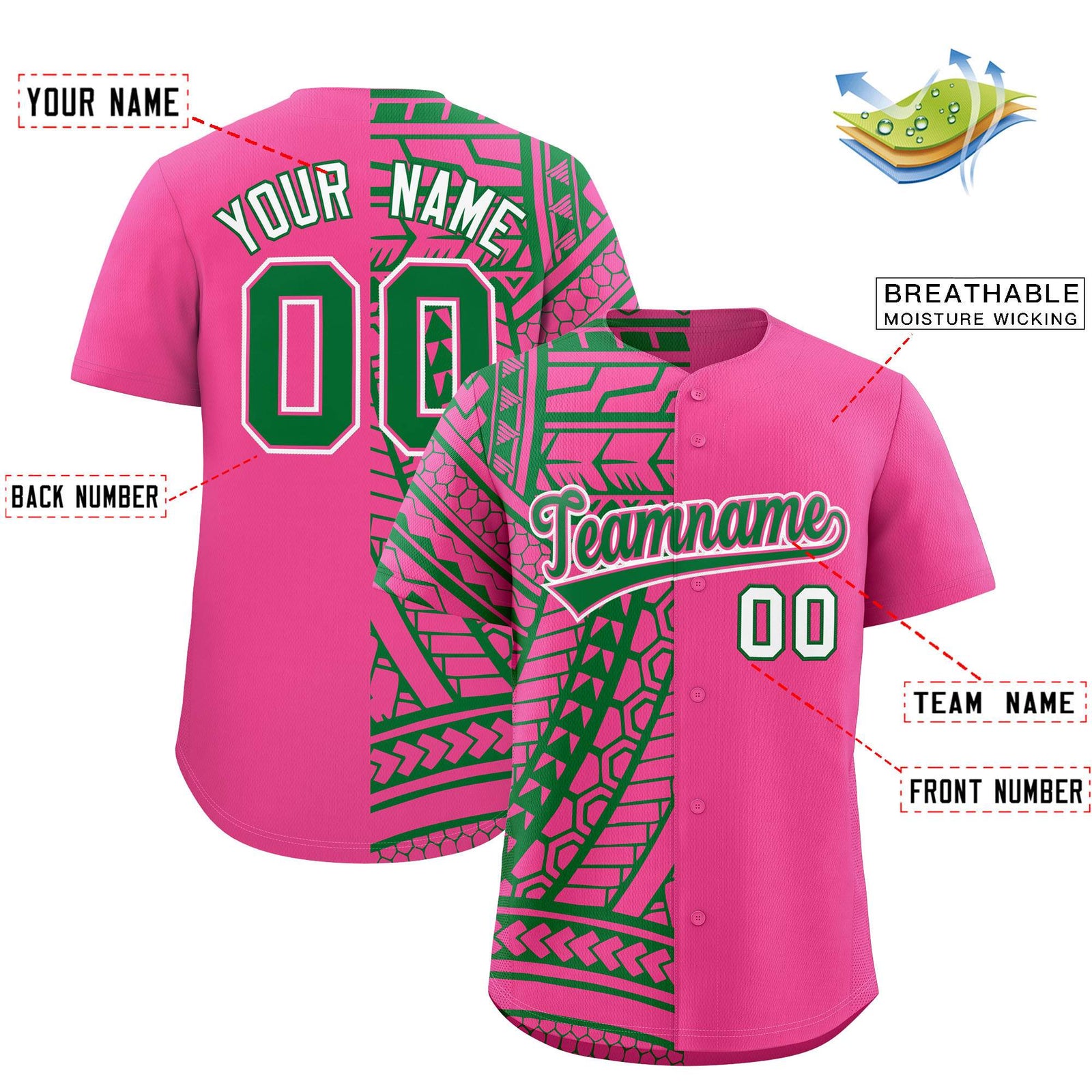 Custom Pink Kelly Green Split Fashion Tribal Pattern Authentic Baseball Jersey