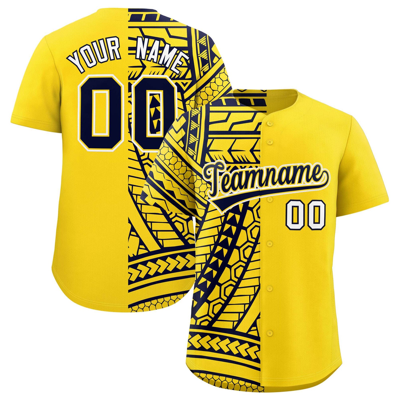 Custom Gold Navy Split Fashion Tribal Pattern Authentic Baseball Jersey