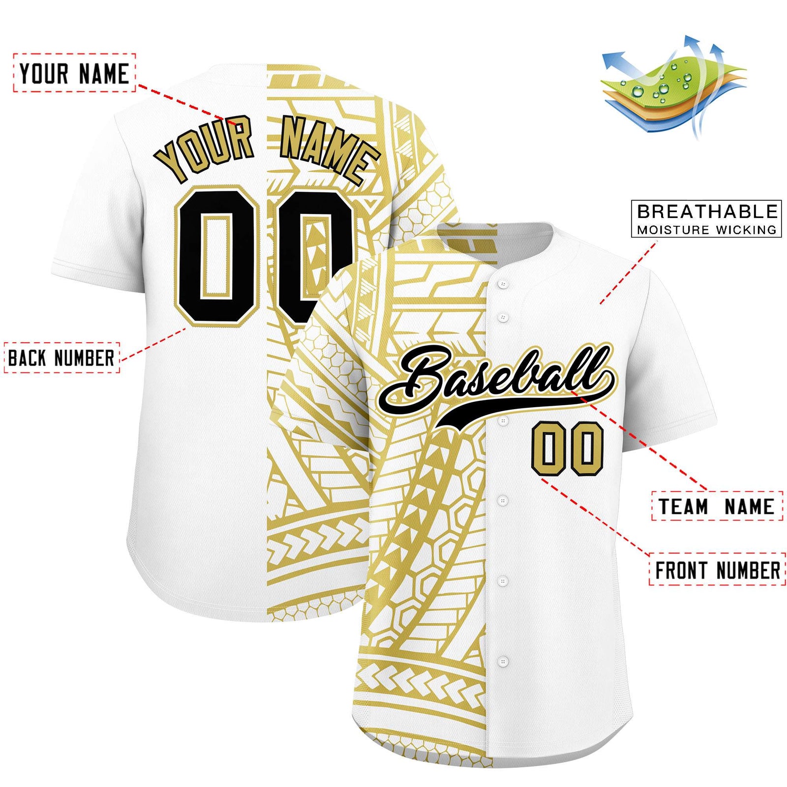 Custom White Old Gold Split Fashion Tribal Pattern Authentic Baseball Jersey