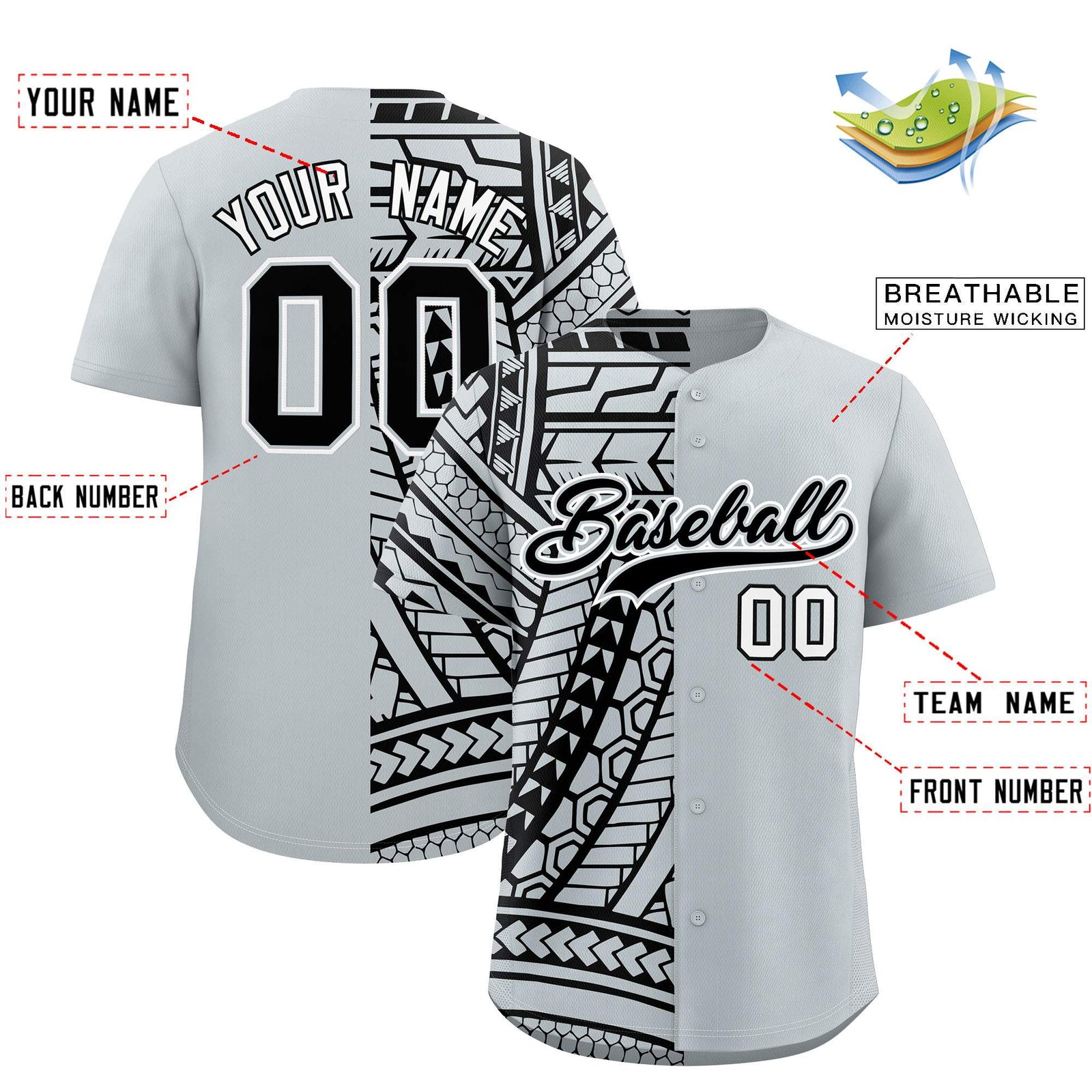 Custom Silver Black Split Fashion Tribal Pattern Authentic Baseball Jersey