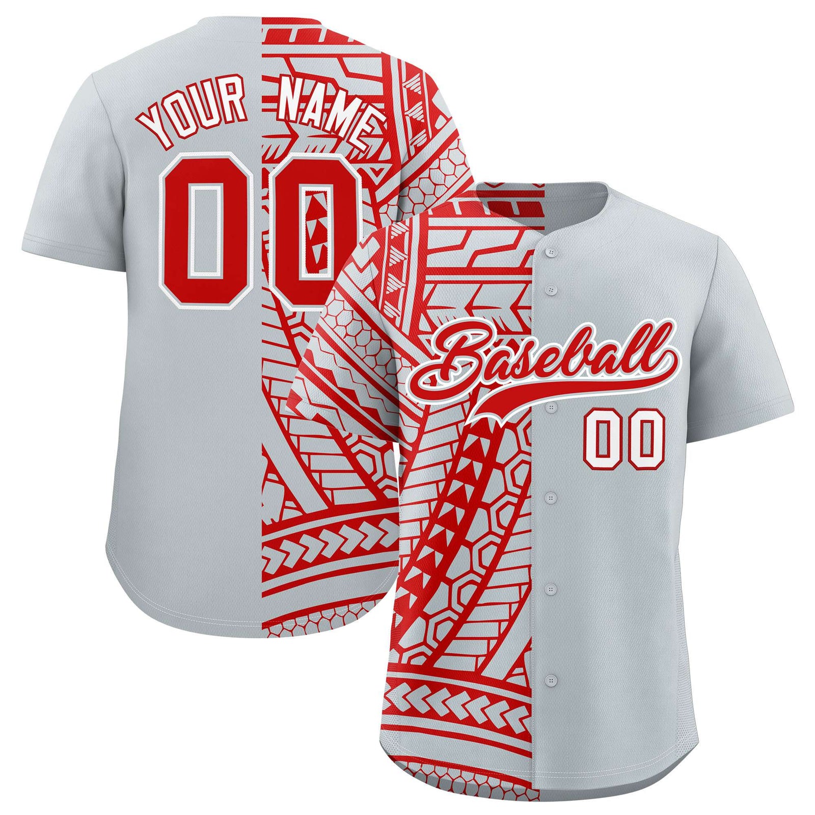 Custom Red Silver Split Fashion Tribal Pattern Authentic Baseball Jersey