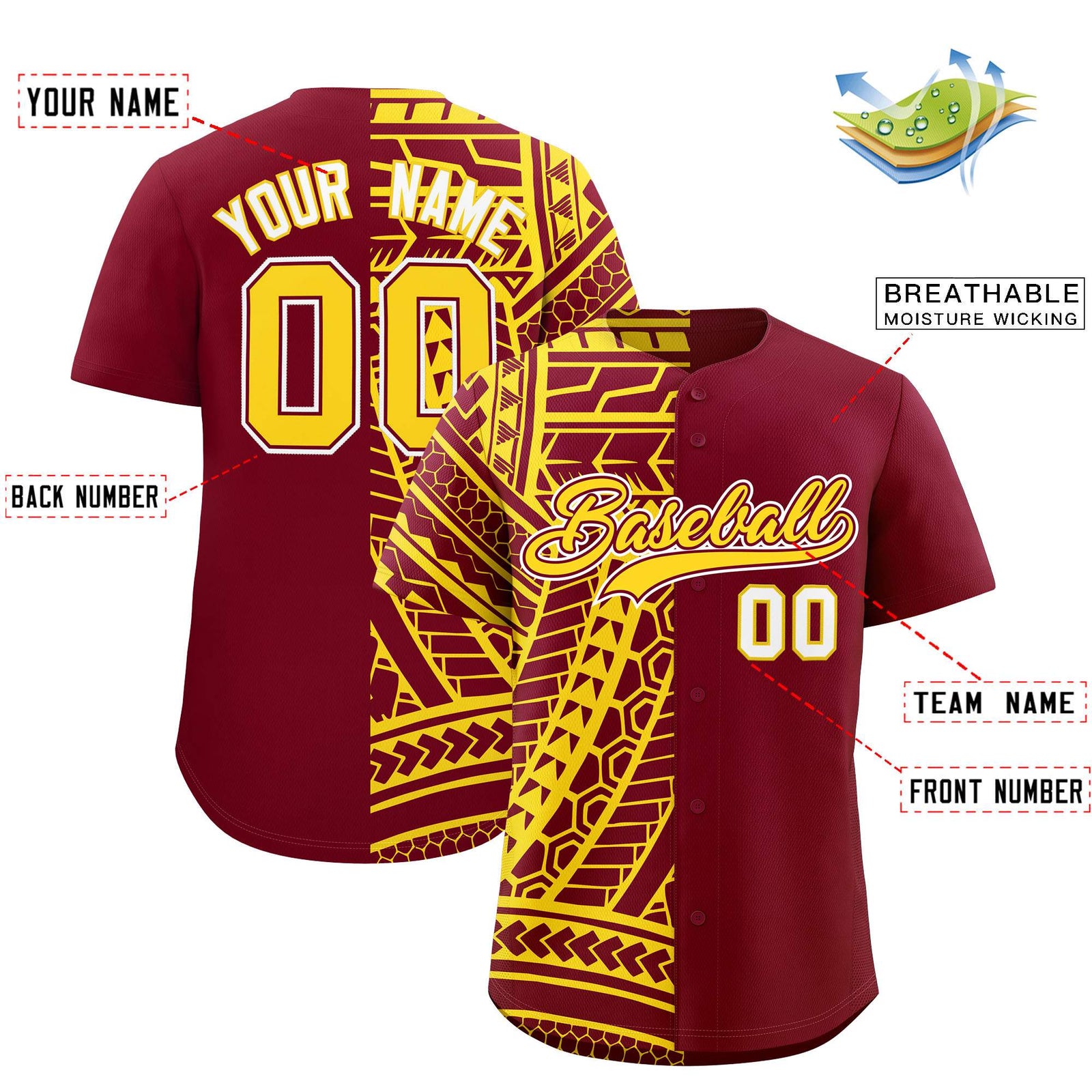 Custom Crimson Gold Split Fashion Tribal Pattern Authentic Baseball Jersey