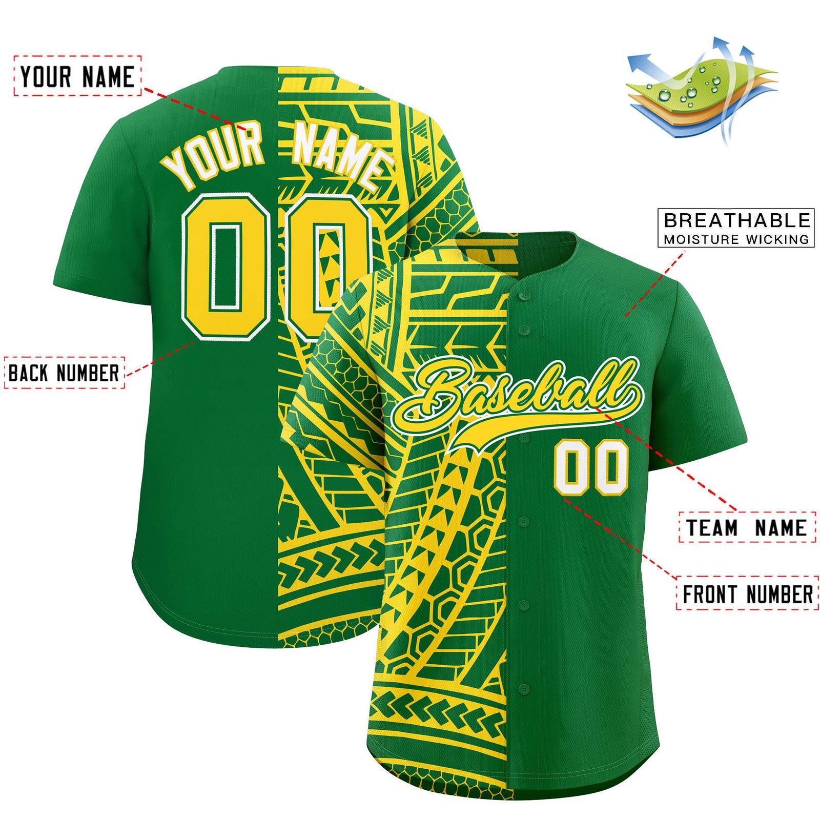 Custom Kelly Green Gold Split Fashion Tribal Pattern Authentic Baseball Jersey