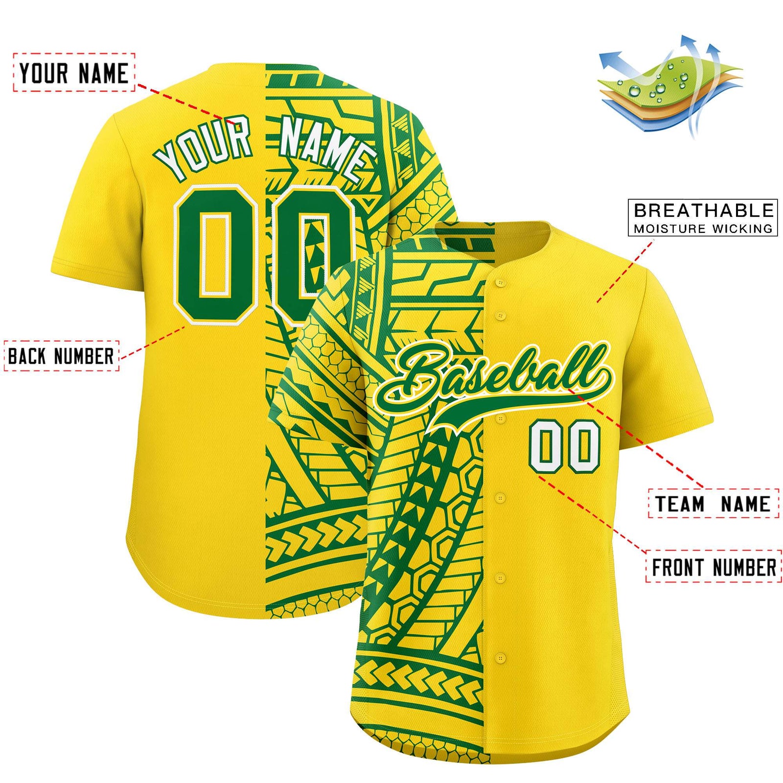 Custom Gold Kelly Green Split Fashion Tribal Pattern Authentic Baseball Jersey