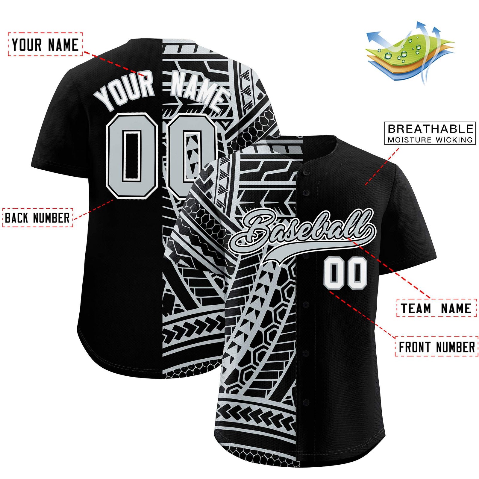 Custom Black Silver Split Fashion Tribal Pattern Authentic Baseball Jersey