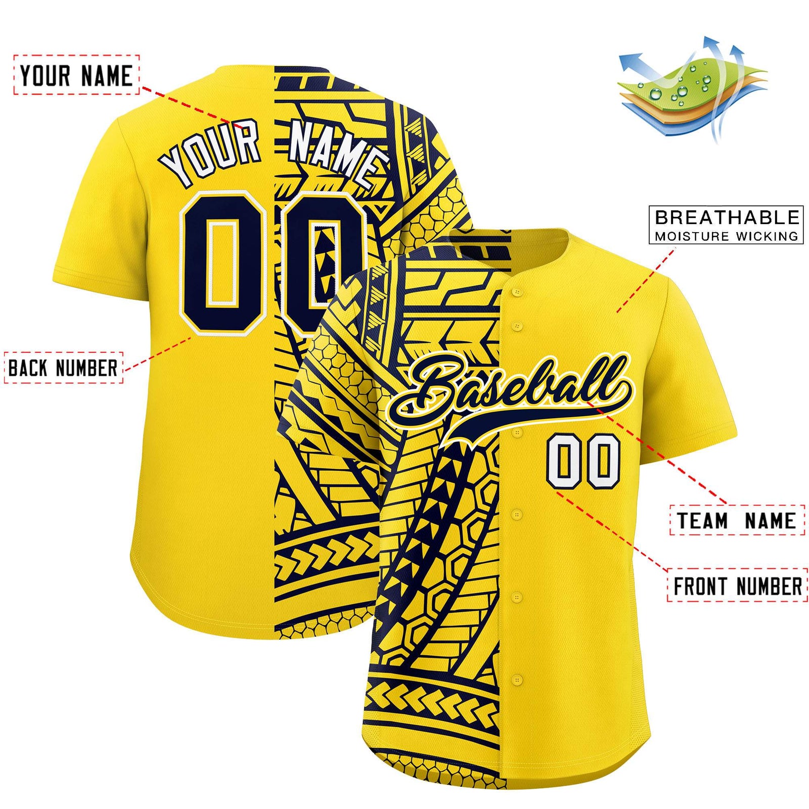 Custom Gold Navy Split Fashion Tribal Pattern Authentic Baseball Jersey