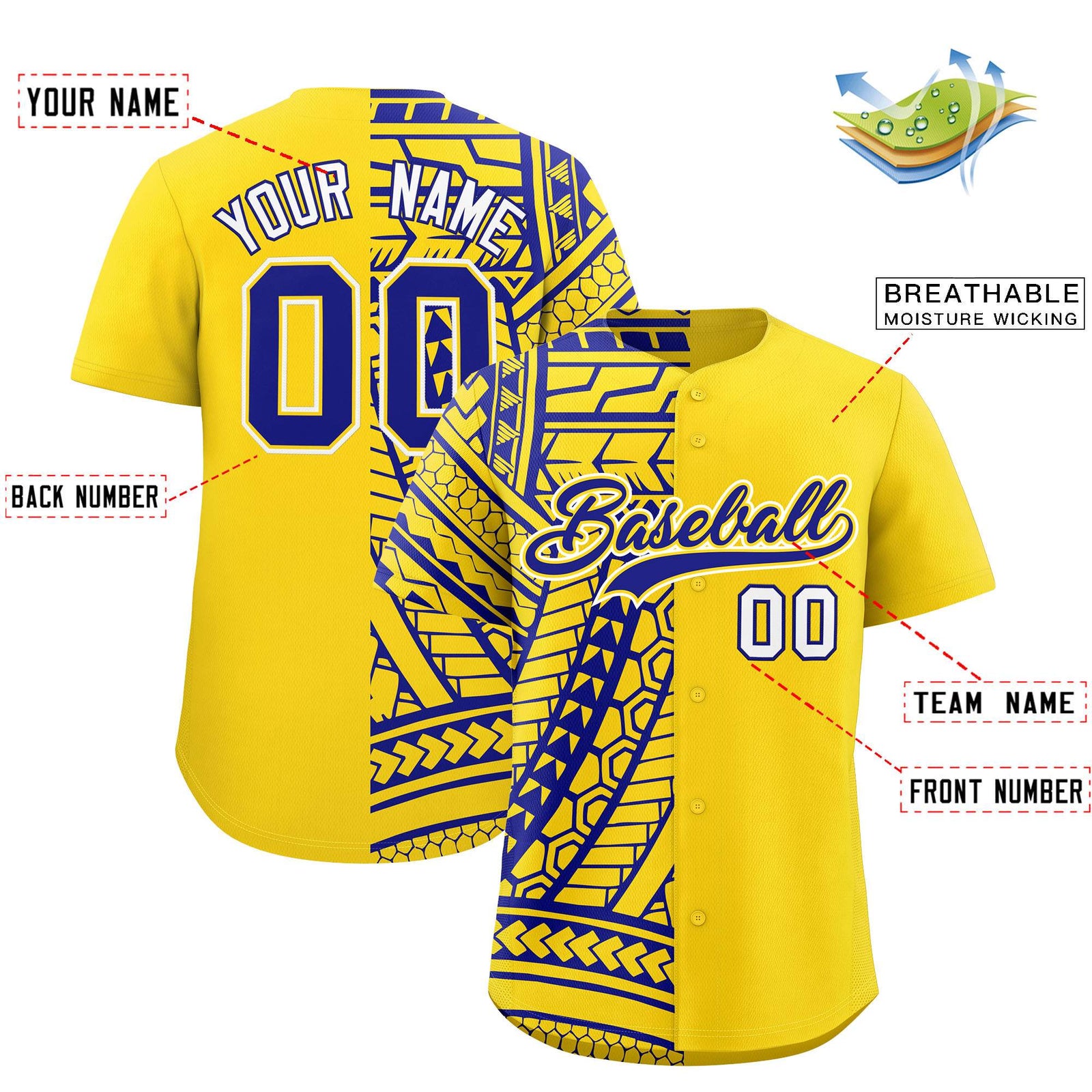 Custom Gold Royal Split Fashion Tribal Pattern Authentic Baseball Jersey