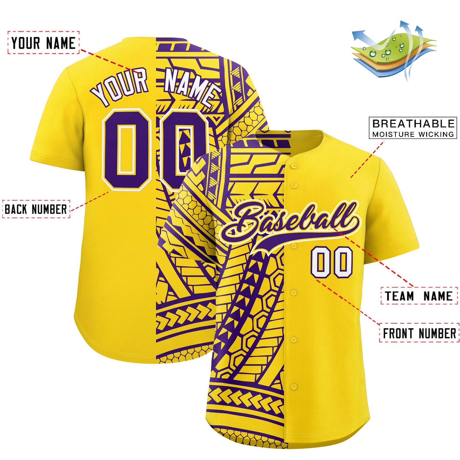 Custom Gold Purple Split Fashion Tribal Pattern Authentic Baseball Jersey