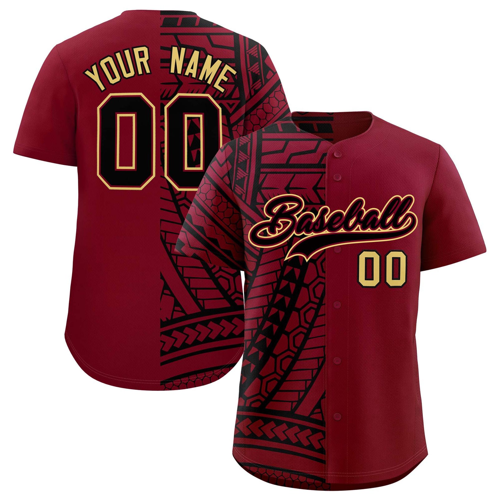 Custom Crimson Black Split Fashion Tribal Pattern Authentic Baseball Jersey