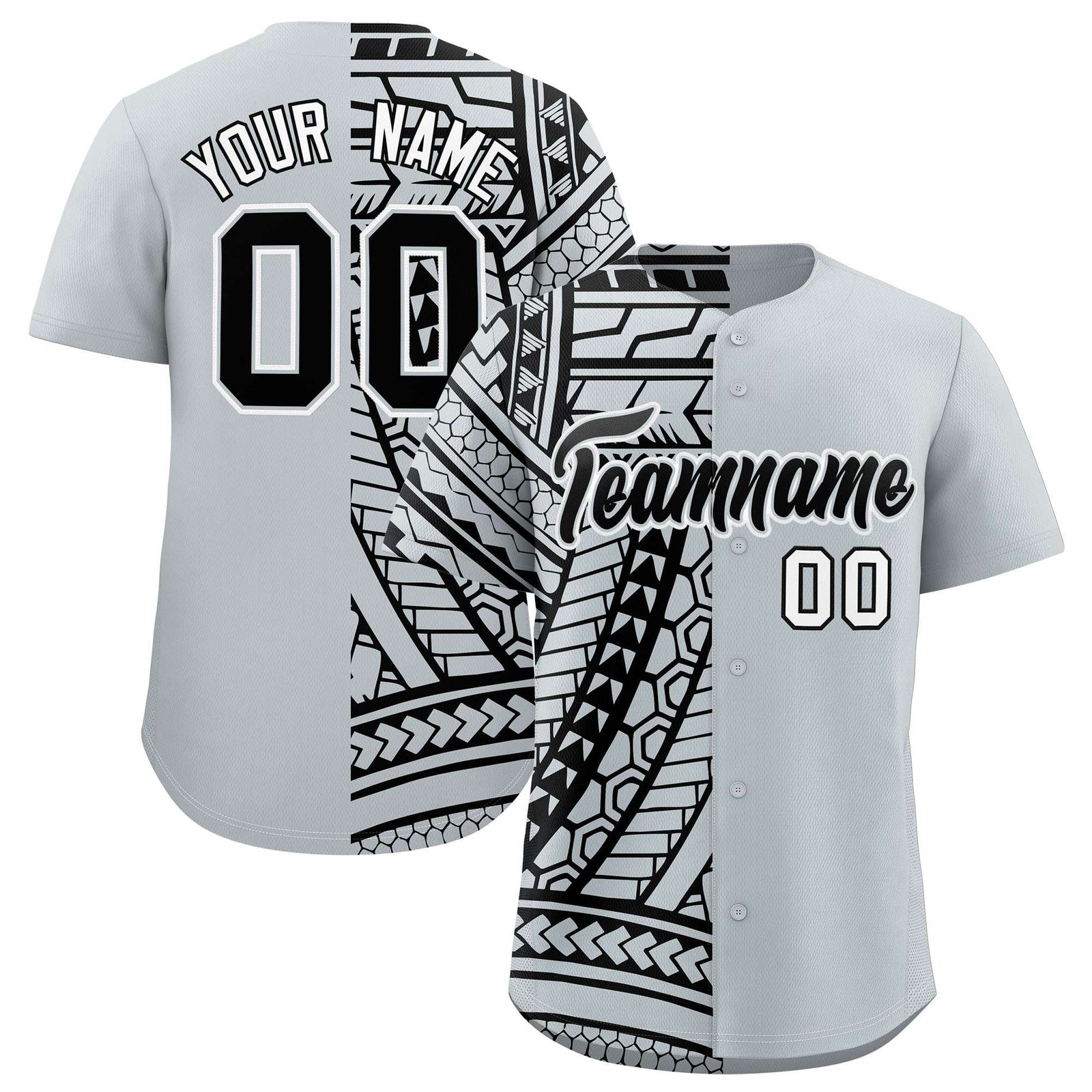 Custom Silver Black Split Fashion Tribal Pattern Authentic Baseball Jersey