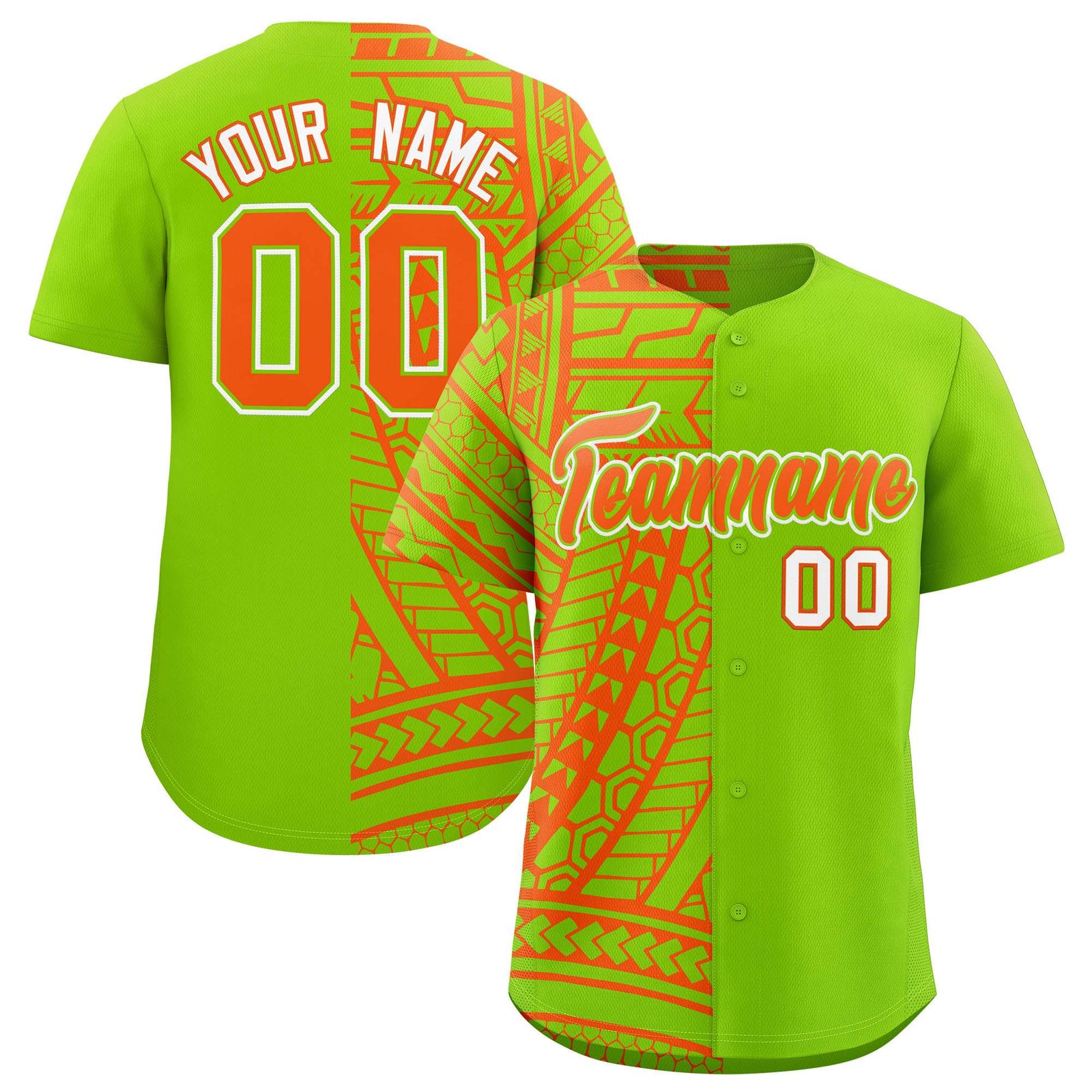 Custom Neon Green Orange Split Fashion Tribal Pattern Authentic Baseball Jersey