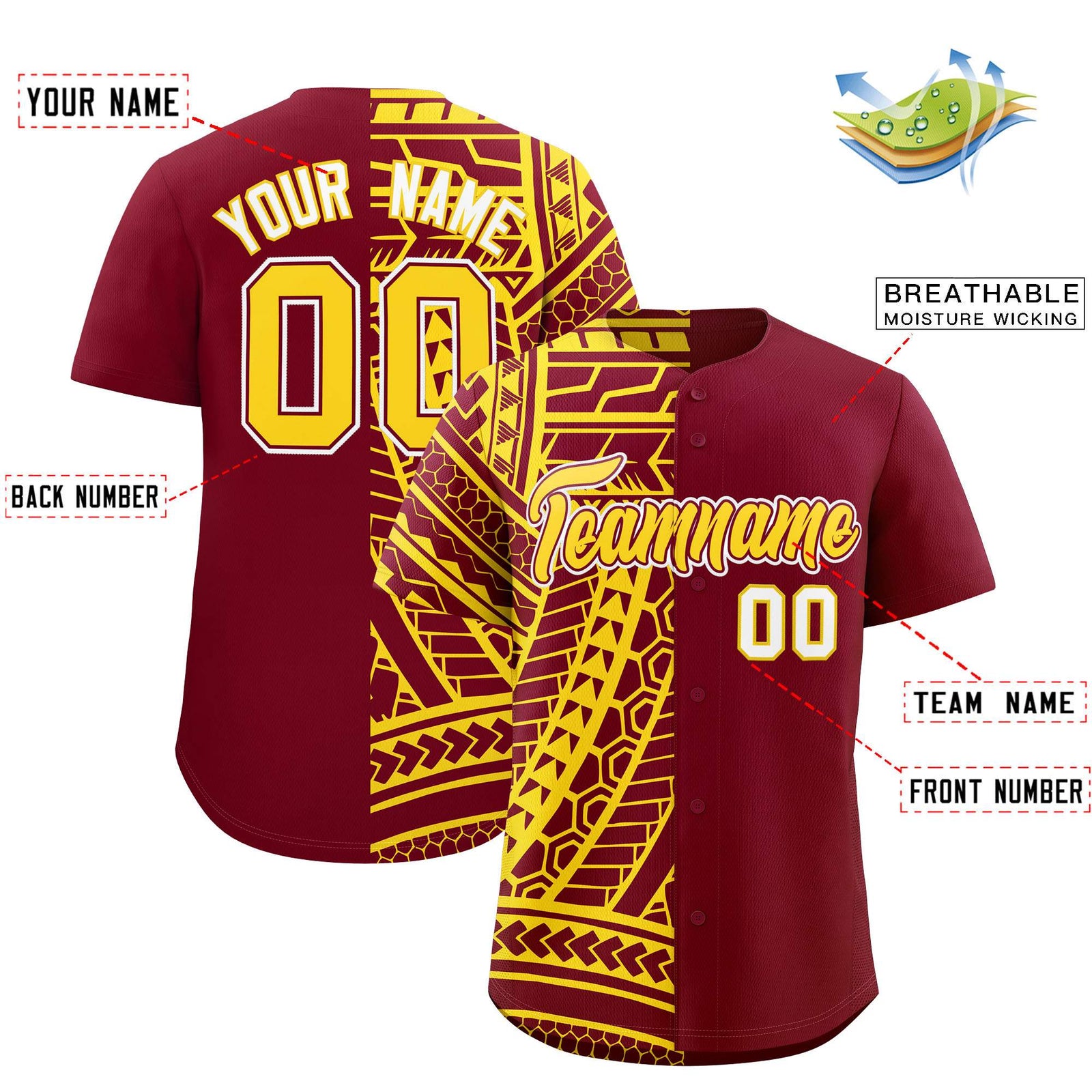 Custom Crimson Gold Split Fashion Tribal Pattern Authentic Baseball Jersey
