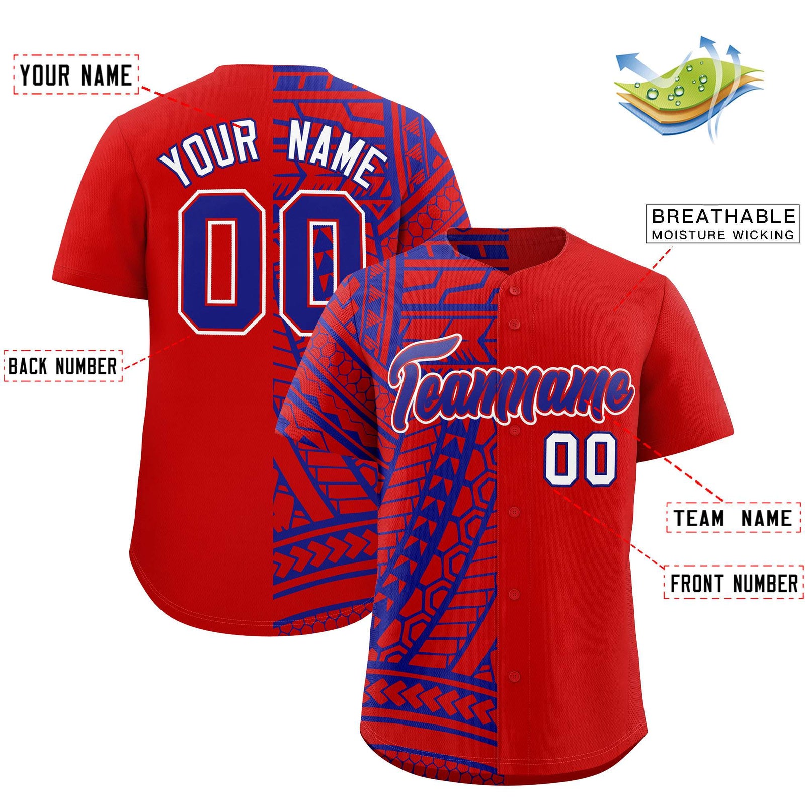 Custom Red Royal Split Fashion Tribal Pattern Authentic Baseball Jersey