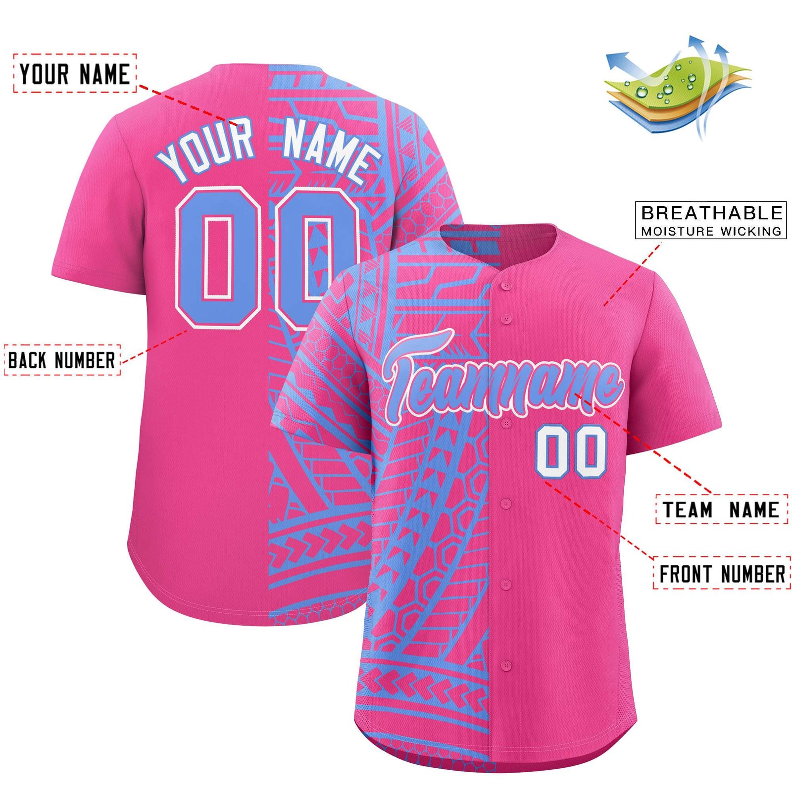 Custom Pink Light Blue Split Fashion Tribal Pattern Authentic Baseball Jersey