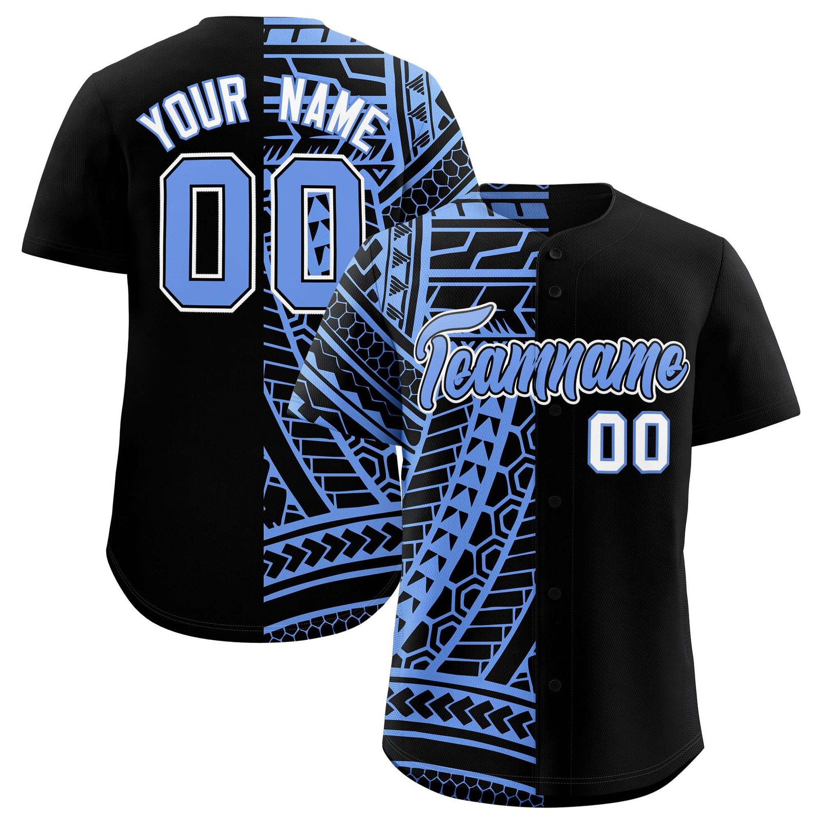Custom Black Light Blue Split Fashion Tribal Pattern Authentic Baseball Jersey
