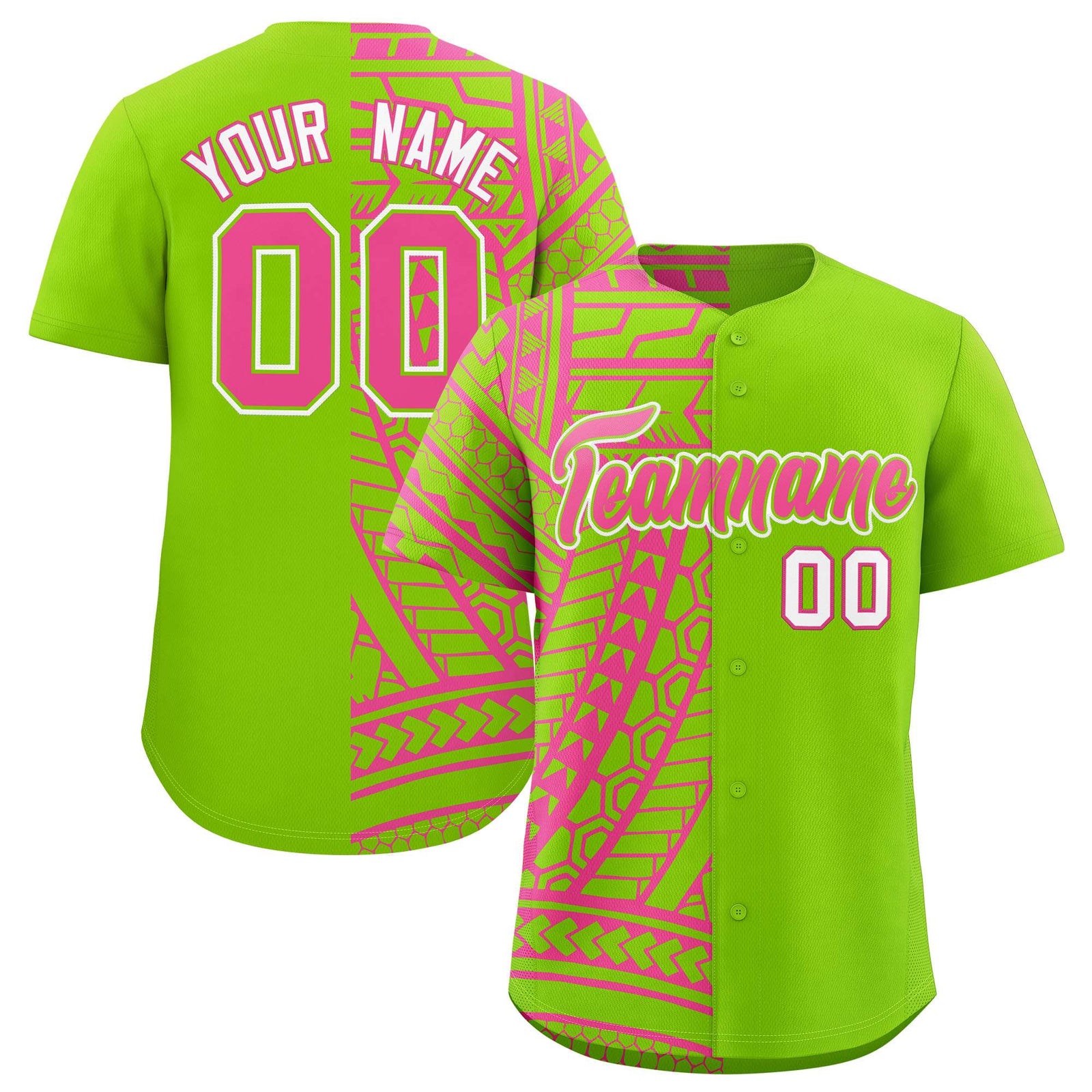 Custom Neon Green Pink Split Fashion Tribal Pattern Authentic Baseball Jersey