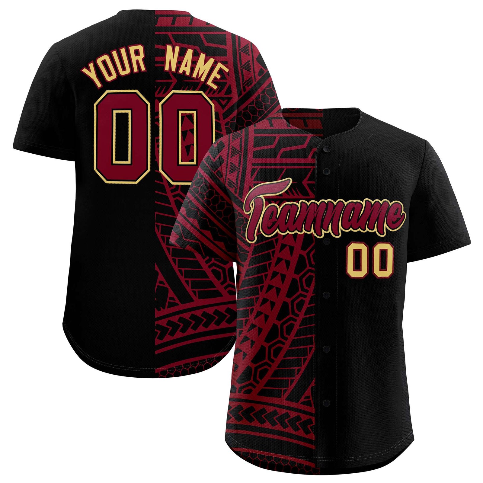 Custom Black Crimson Split Fashion Tribal Pattern Authentic Baseball Jersey