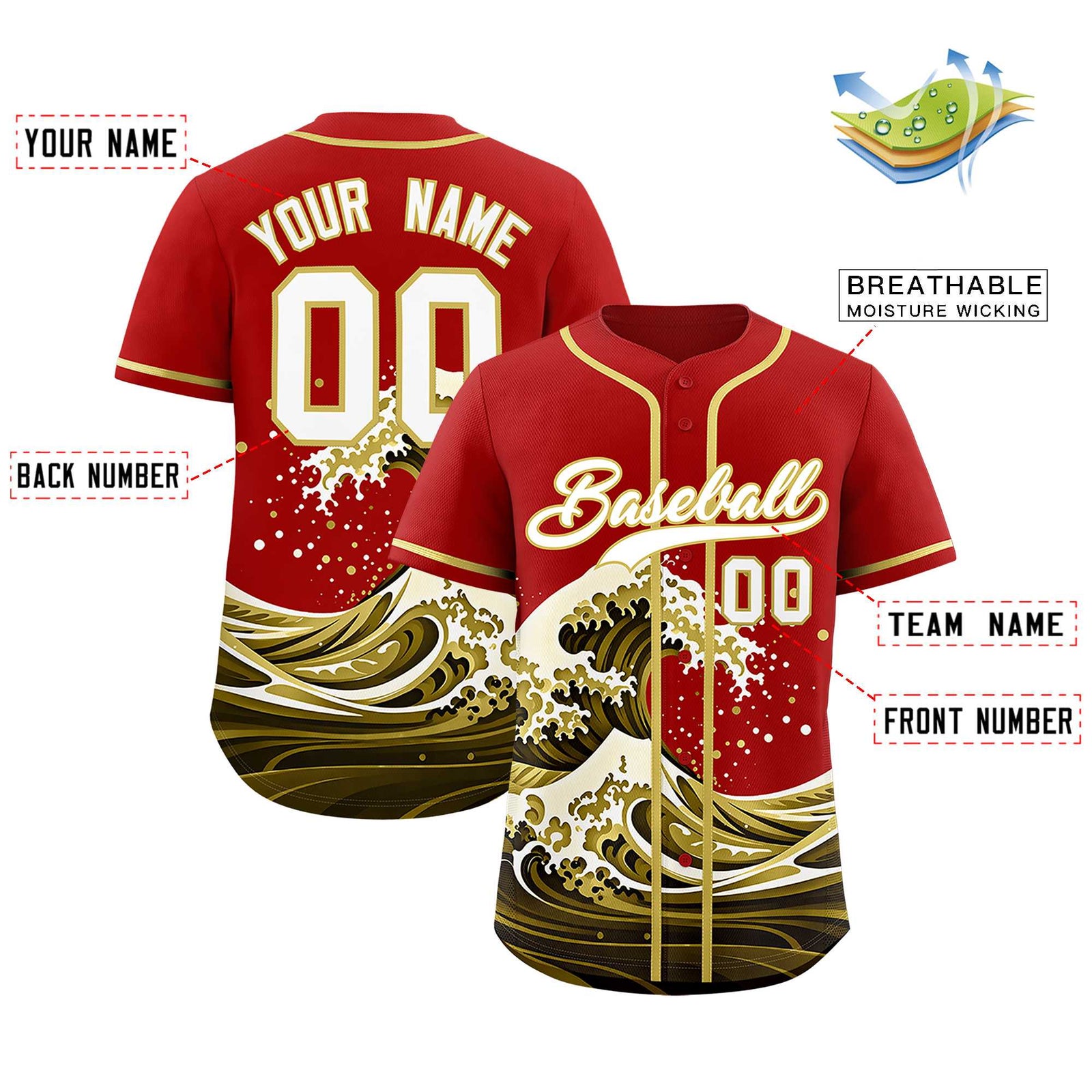 Custom Red Wave Graffiti Pattern Authentic Baseball Jersey