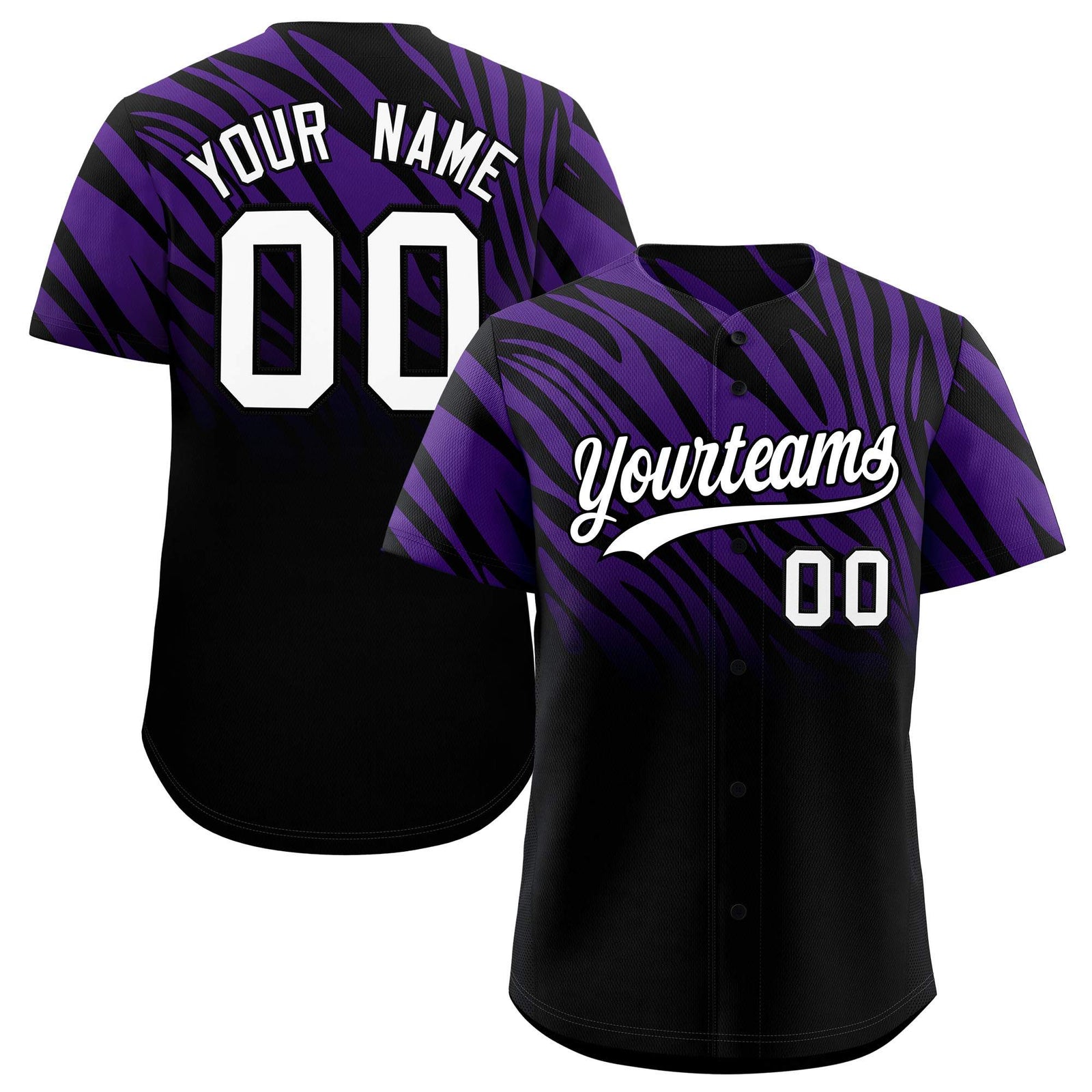 Custom Purple Black Tiger Stripe Gradient Animal Print Personalized Team Shirt Baseball Jersey