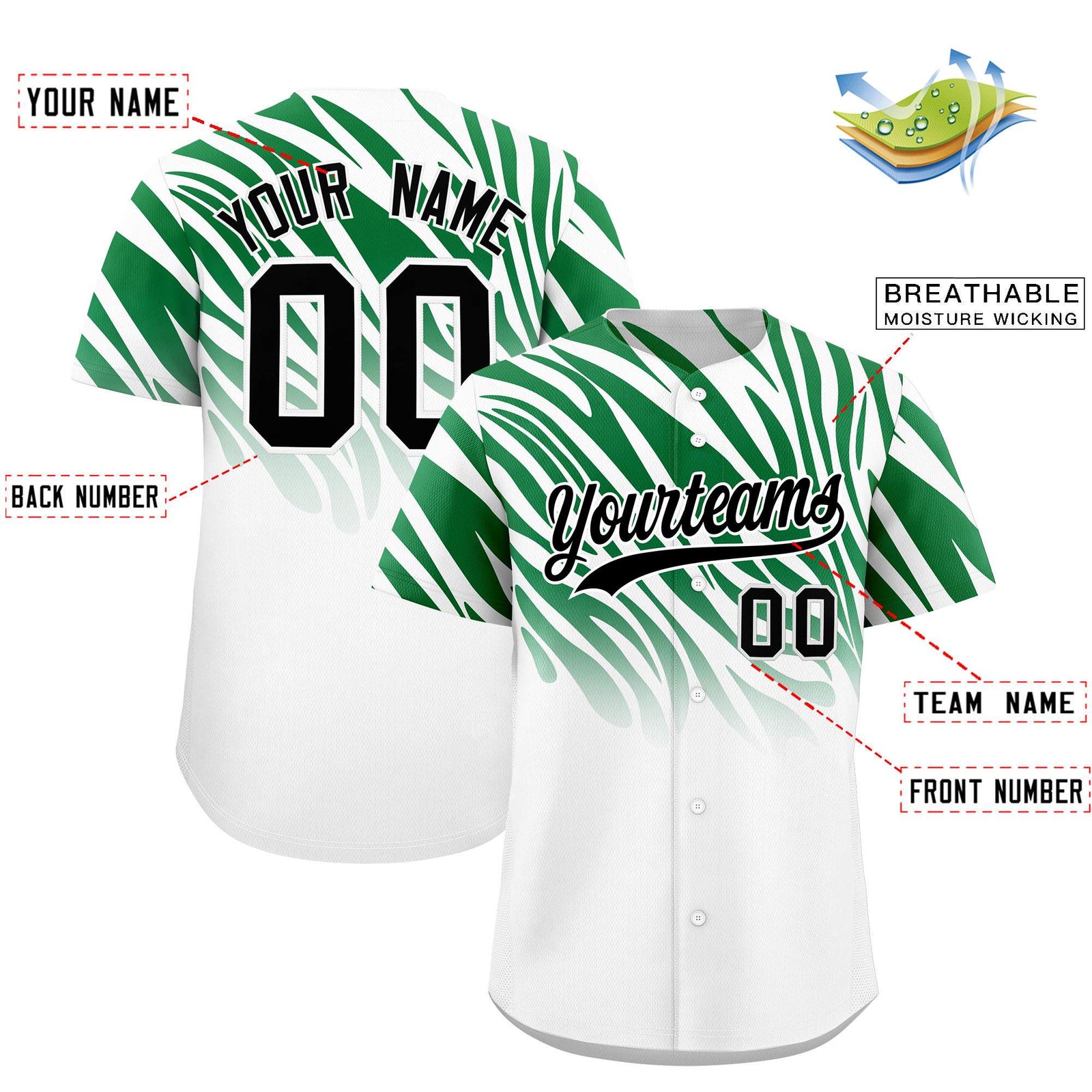 Custom Kelly Green White Tiger Stripe Gradient Animal Print Personalized Team Shirt Baseball Jersey