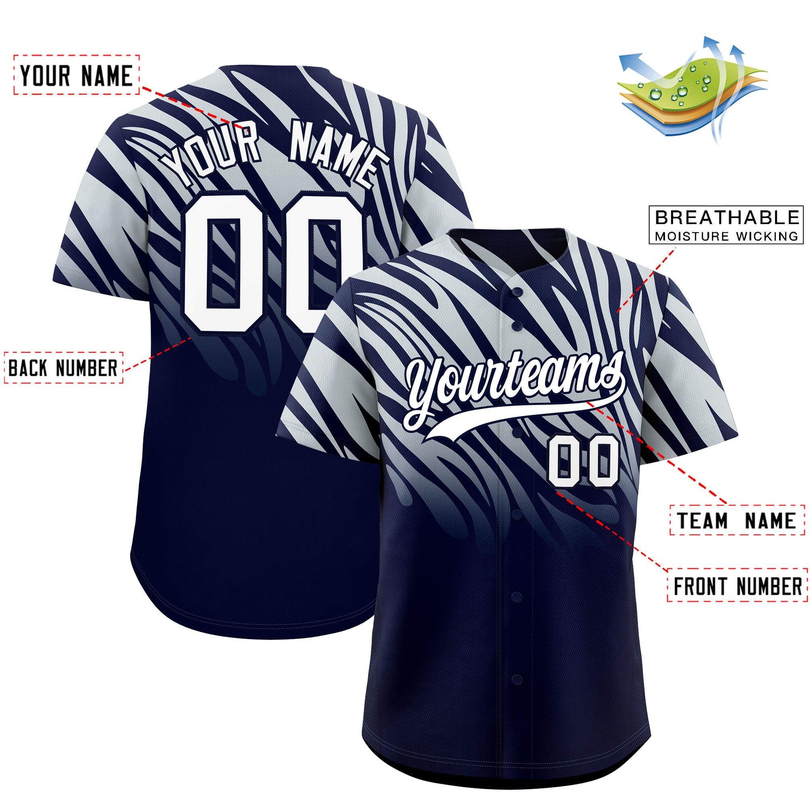 Custom Navy Silver Tiger Stripe Gradient Animal Print Personalized Team Shirt Baseball Jersey