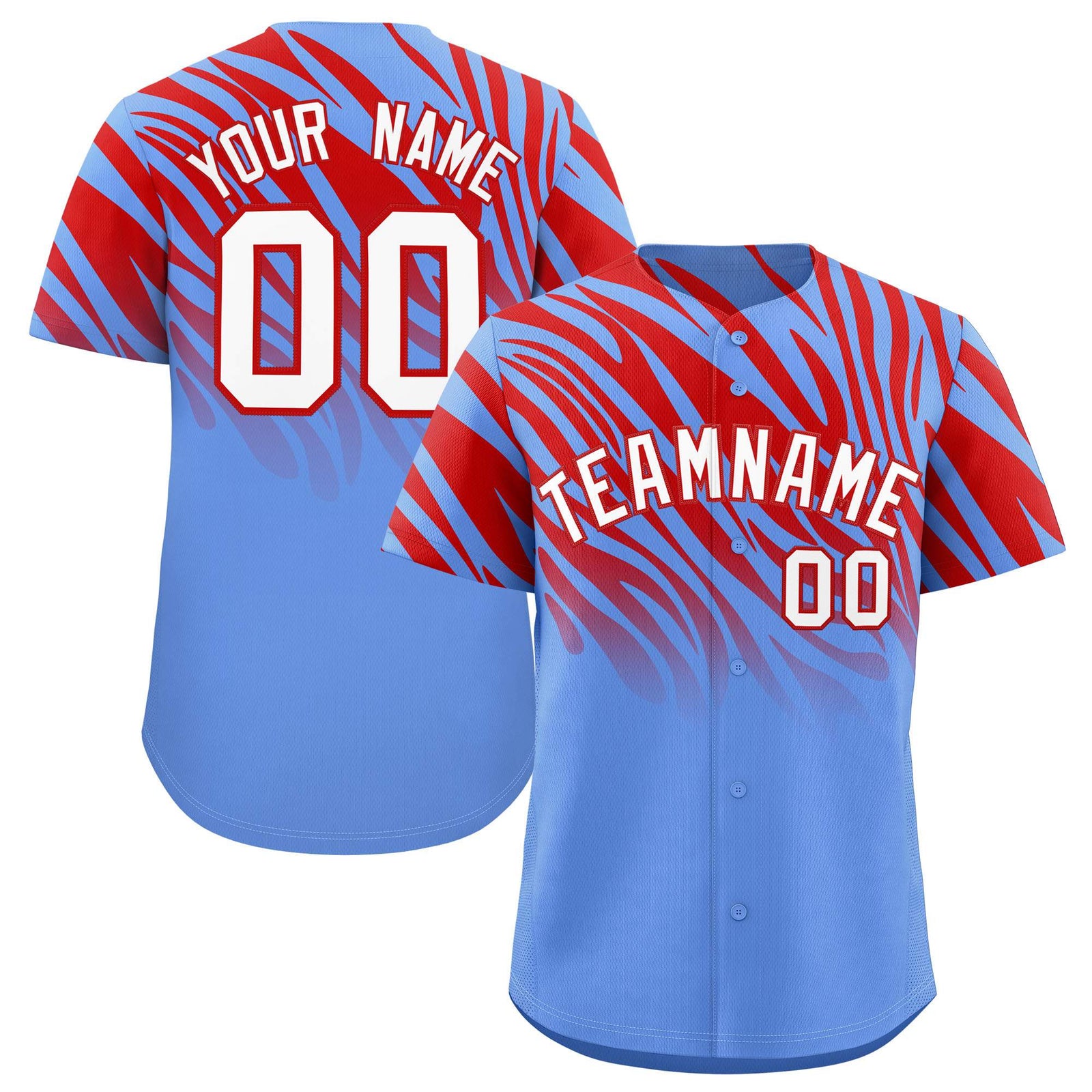 Custom Red Light Blue Tiger Stripe Gradient Animal Print Personalized Team Shirt Baseball Jersey