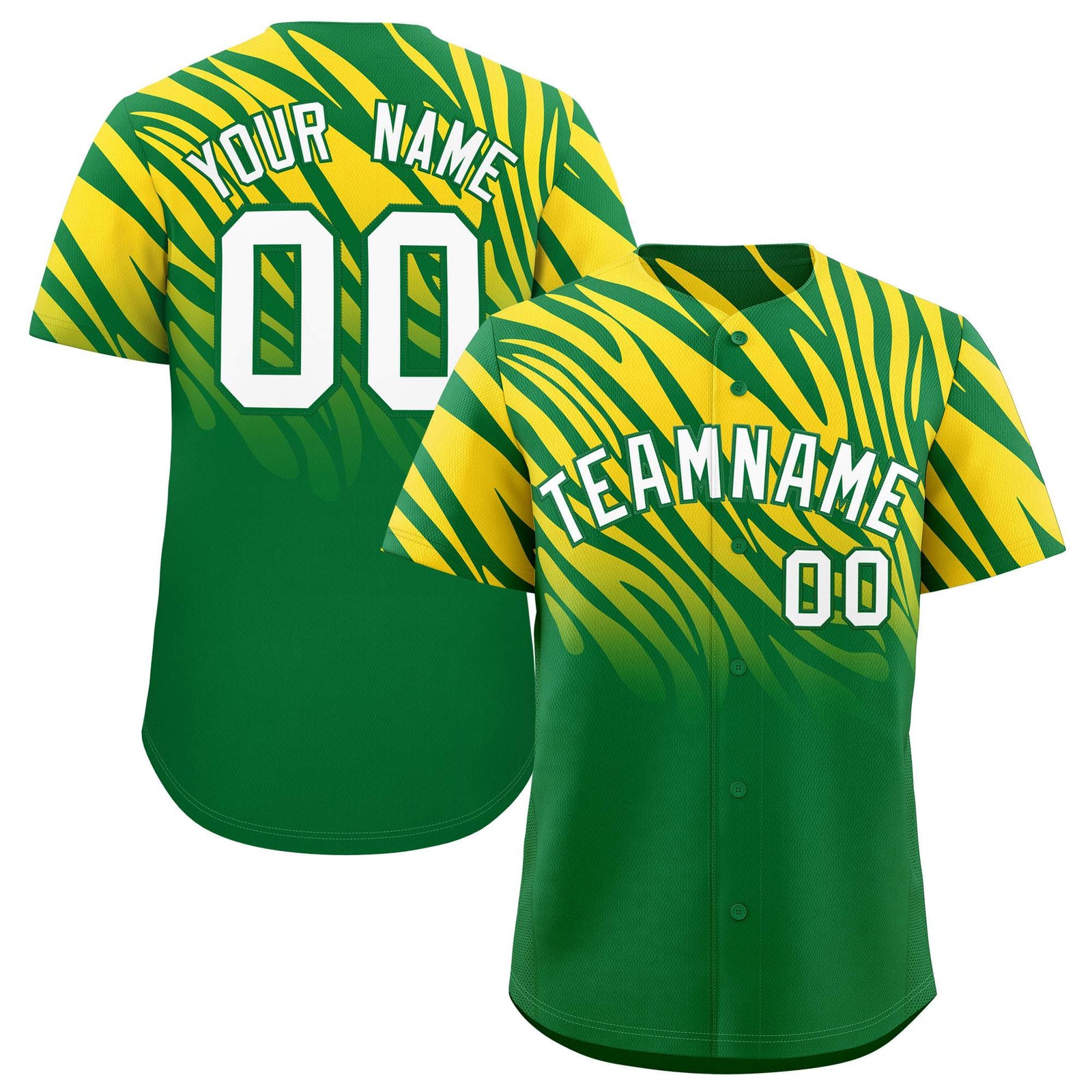 Custom Gold Kelly Green Tiger Stripe Gradient Animal Print Personalized Team Shirt Baseball Jersey