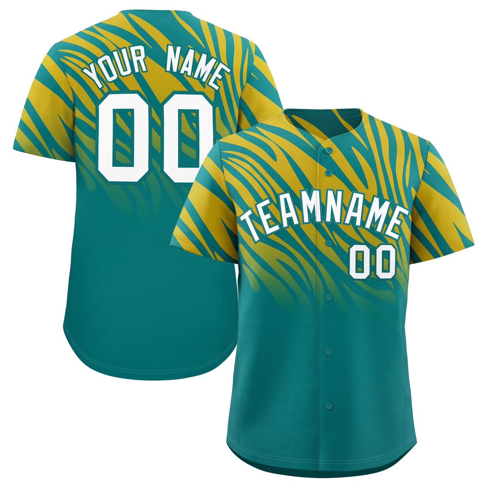 Custom Aqua Old Gold Tiger Stripe Gradient Animal Print Personalized Team Shirt Baseball Jersey
