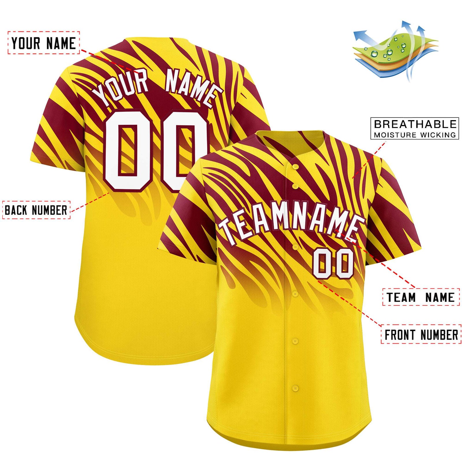 Custom Gold Crimson Tiger Stripe Gradient Animal Print Personalized Team Shirt Baseball Jersey