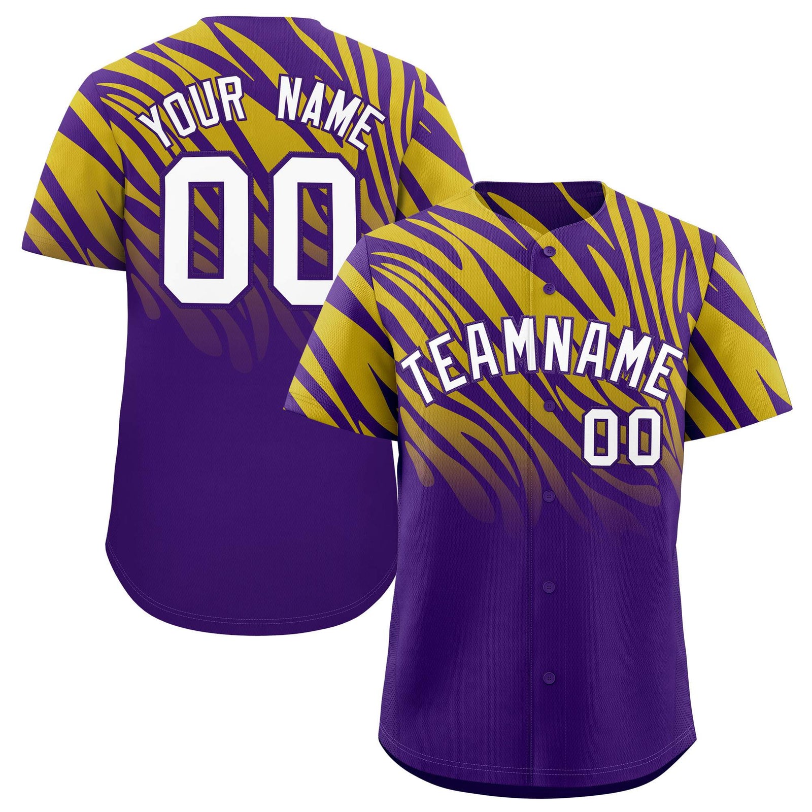 Custom Purple Old Gold Tiger Stripe Gradient Animal Print Personalized Team Shirt Baseball Jersey
