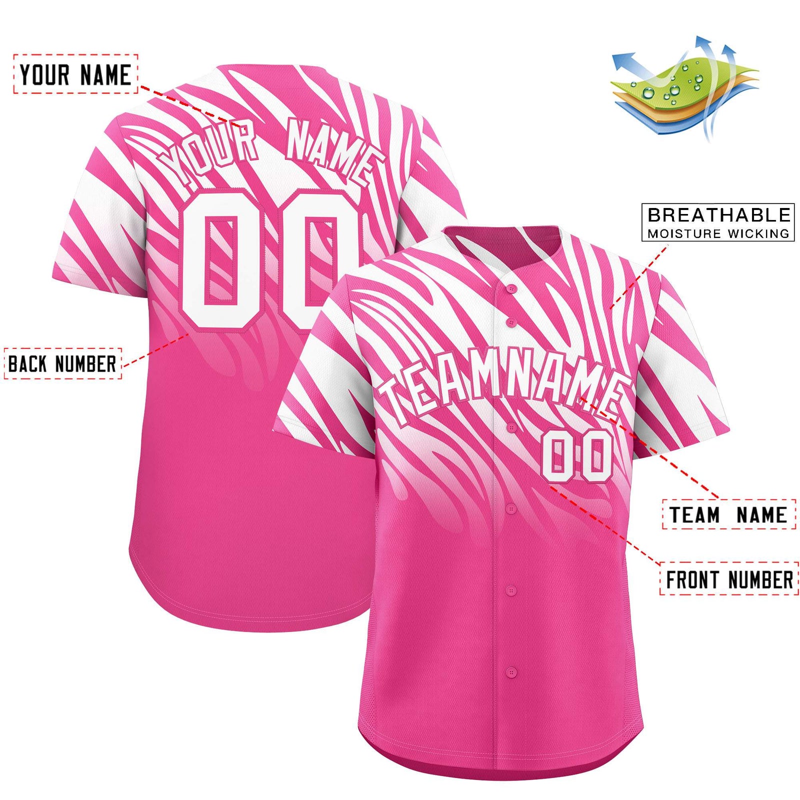 Custom Pink White Tiger Stripe Gradient Animal Print Personalized Team Shirt Baseball Jersey