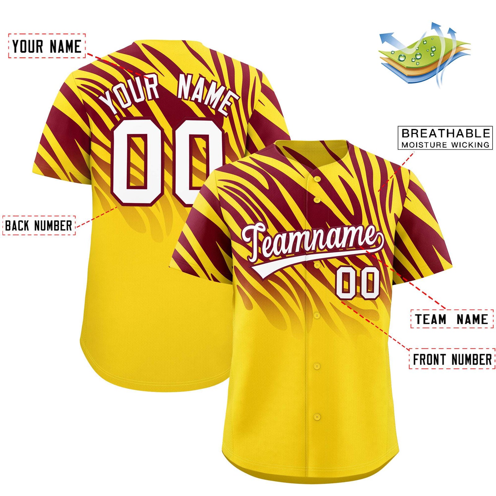 Custom Gold Crimson Tiger Stripe Gradient Animal Print Personalized Team Shirt Baseball Jersey