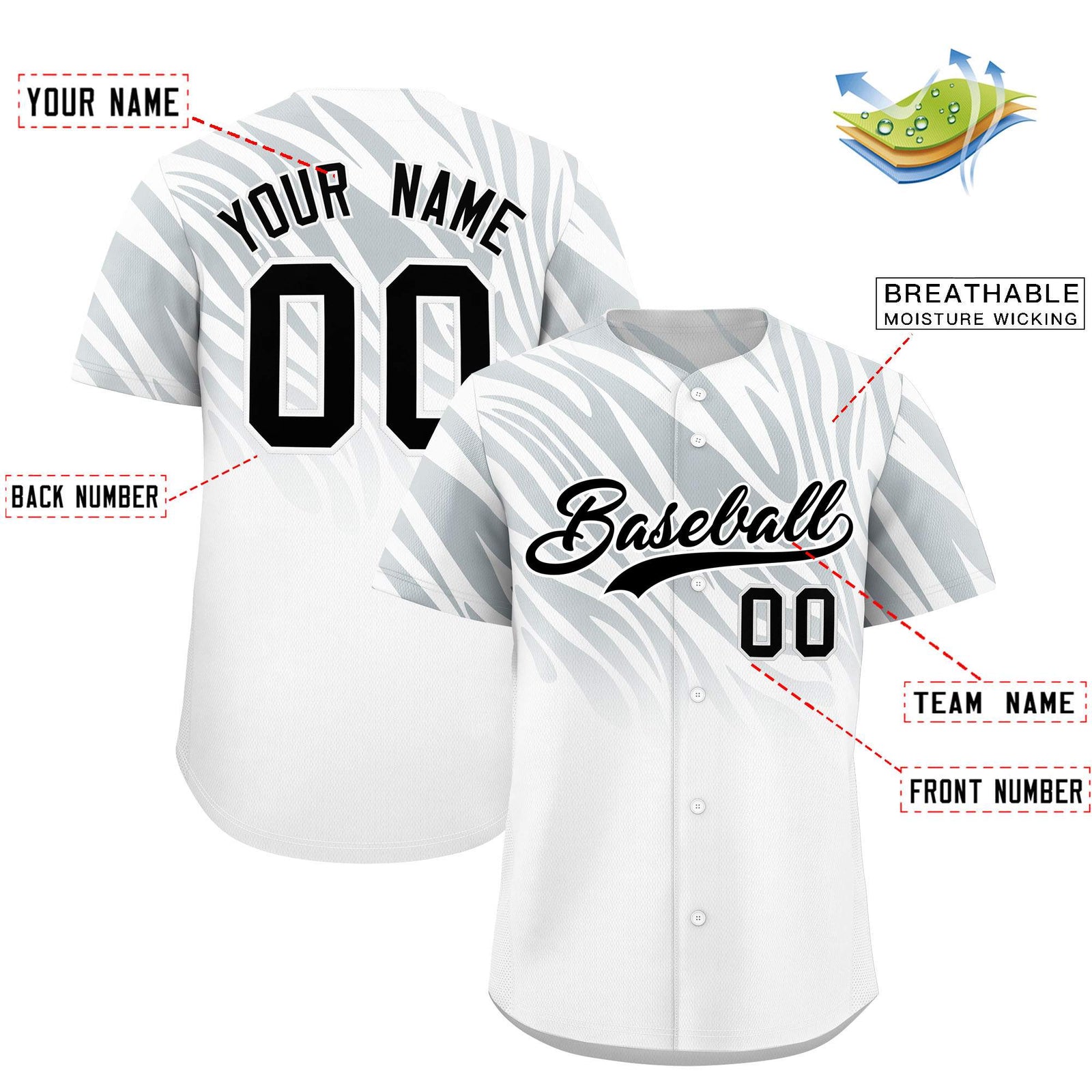 Custom Silver White Tiger Stripe Gradient Animal Print Personalized Team Shirt Baseball Jersey
