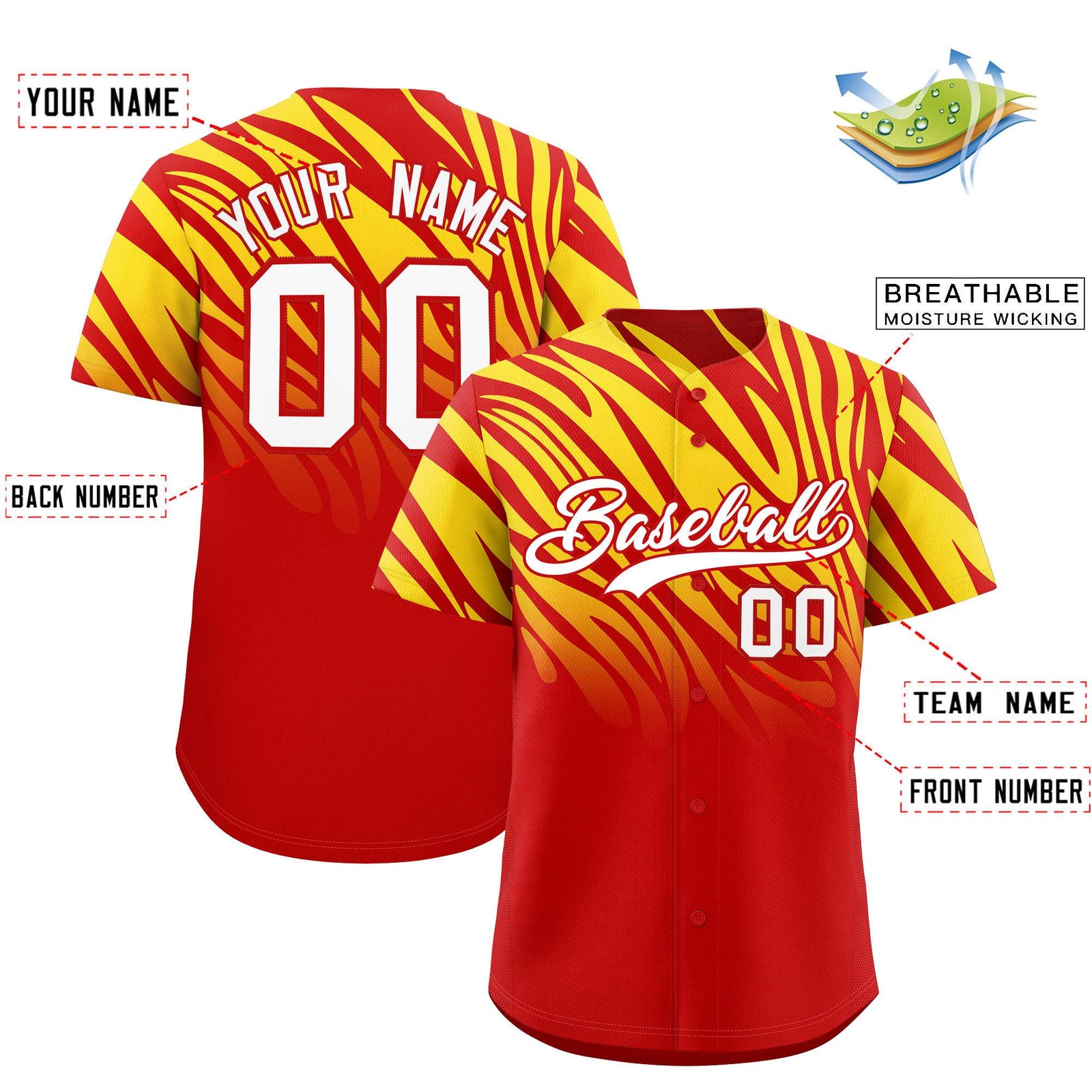Custom Red Gold Tiger Stripe Gradient Animal Print Personalized Team Shirt Baseball Jersey