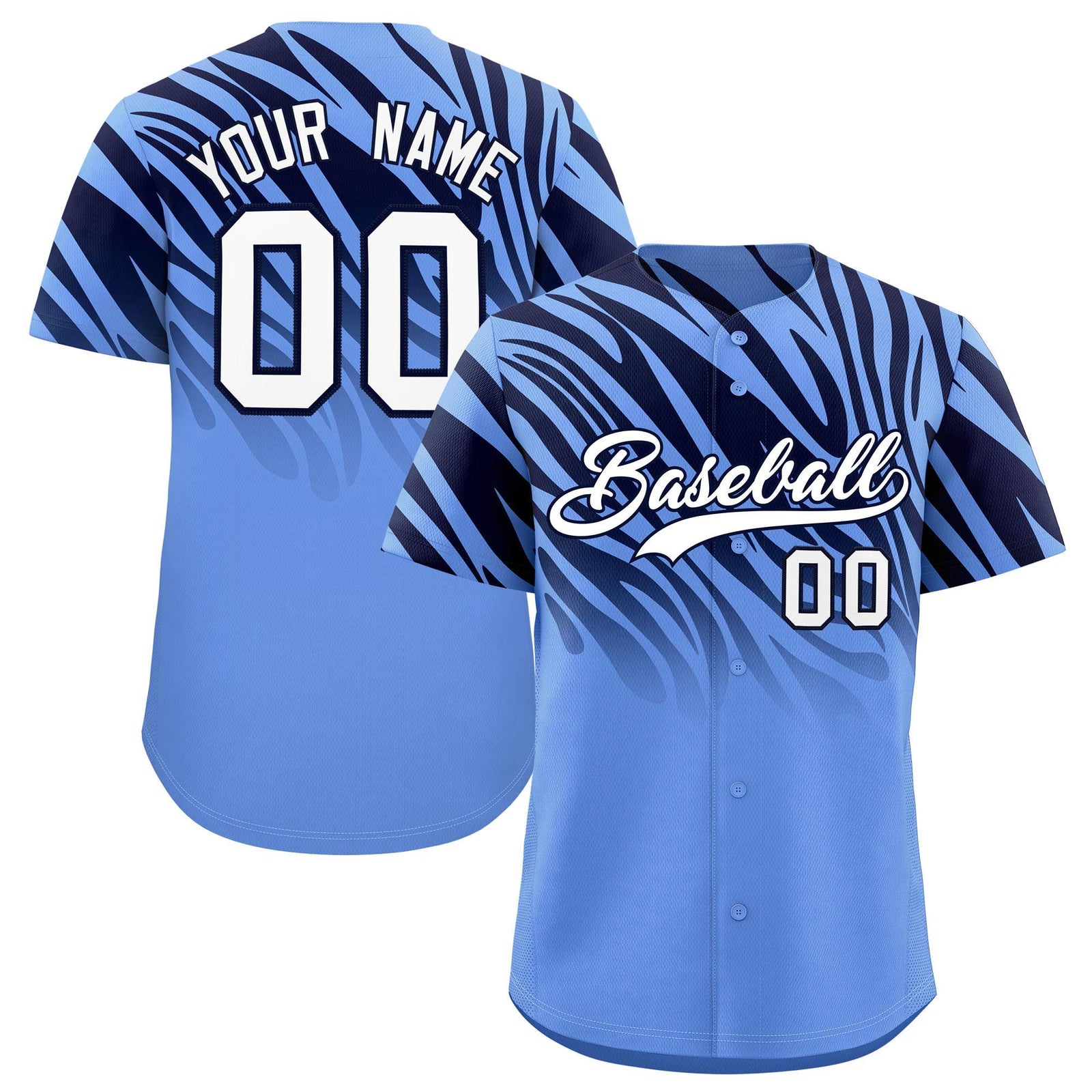 Custom Light Blue Navy Tiger Stripe Gradient Animal Print Personalized Team Shirt Baseball Jersey