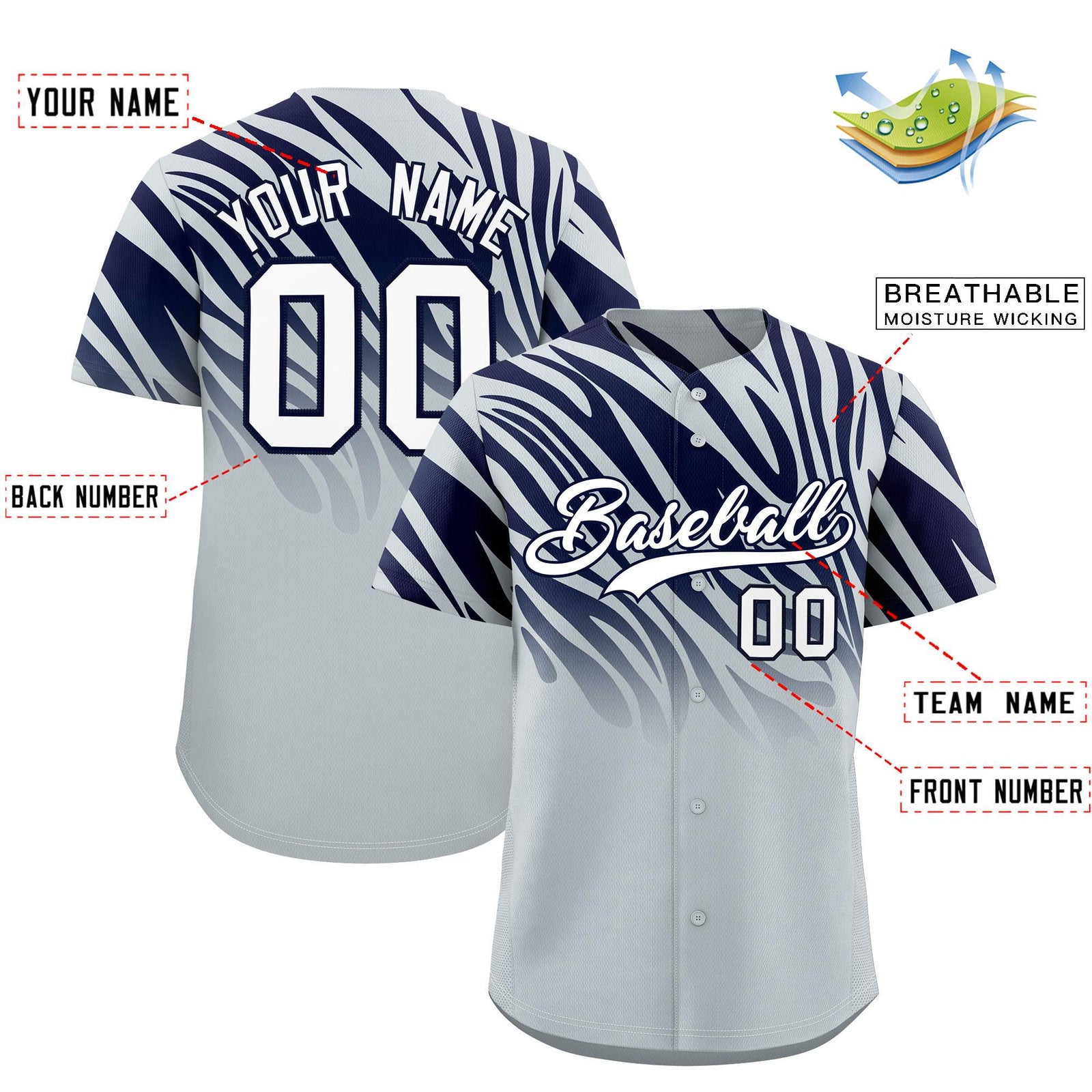 Custom Navy Silver Tiger Stripe Gradient Animal Print Personalized Team Shirt Baseball Jersey
