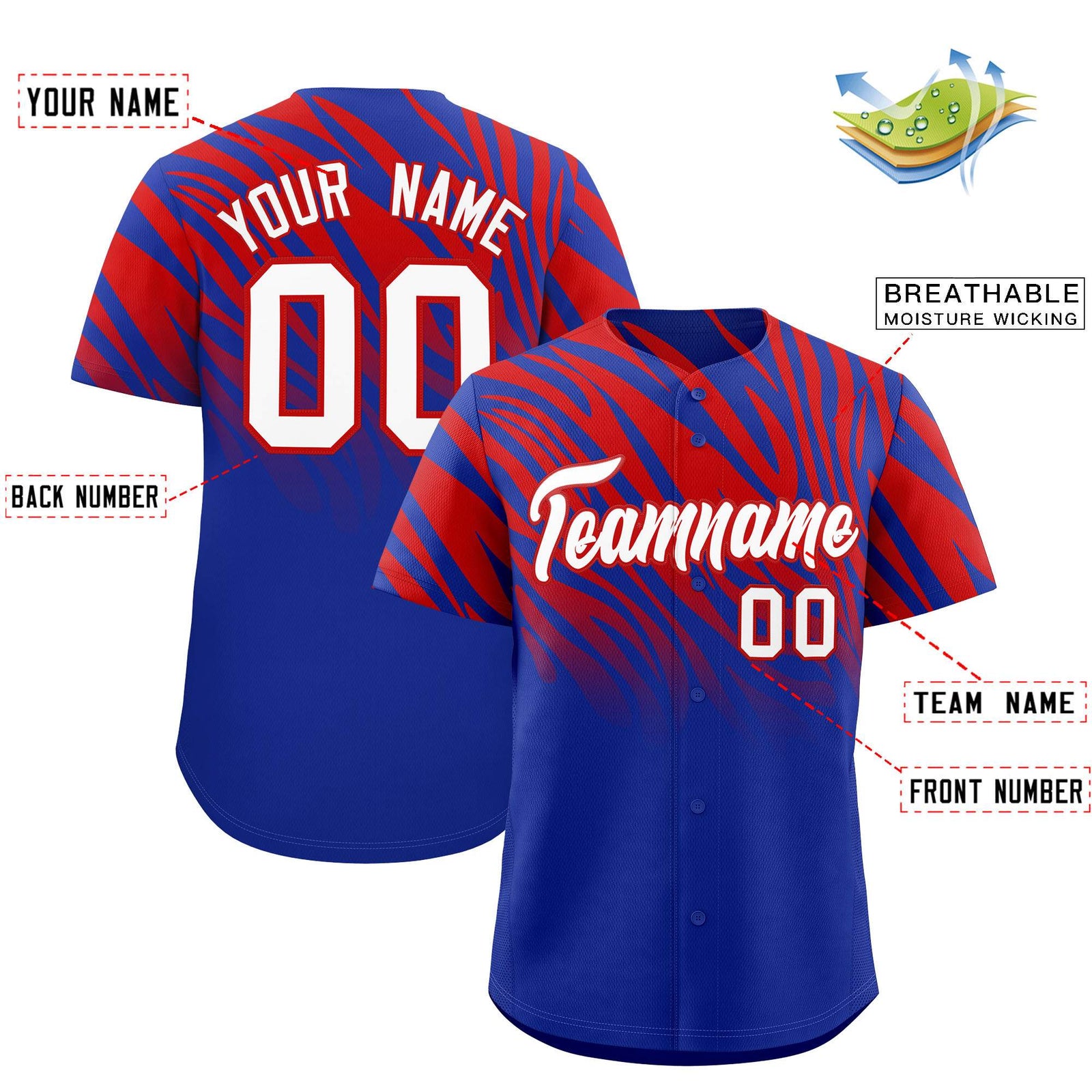 Custom Red Royal Tiger Stripe Gradient Animal Print Personalized Team Shirt Baseball Jersey