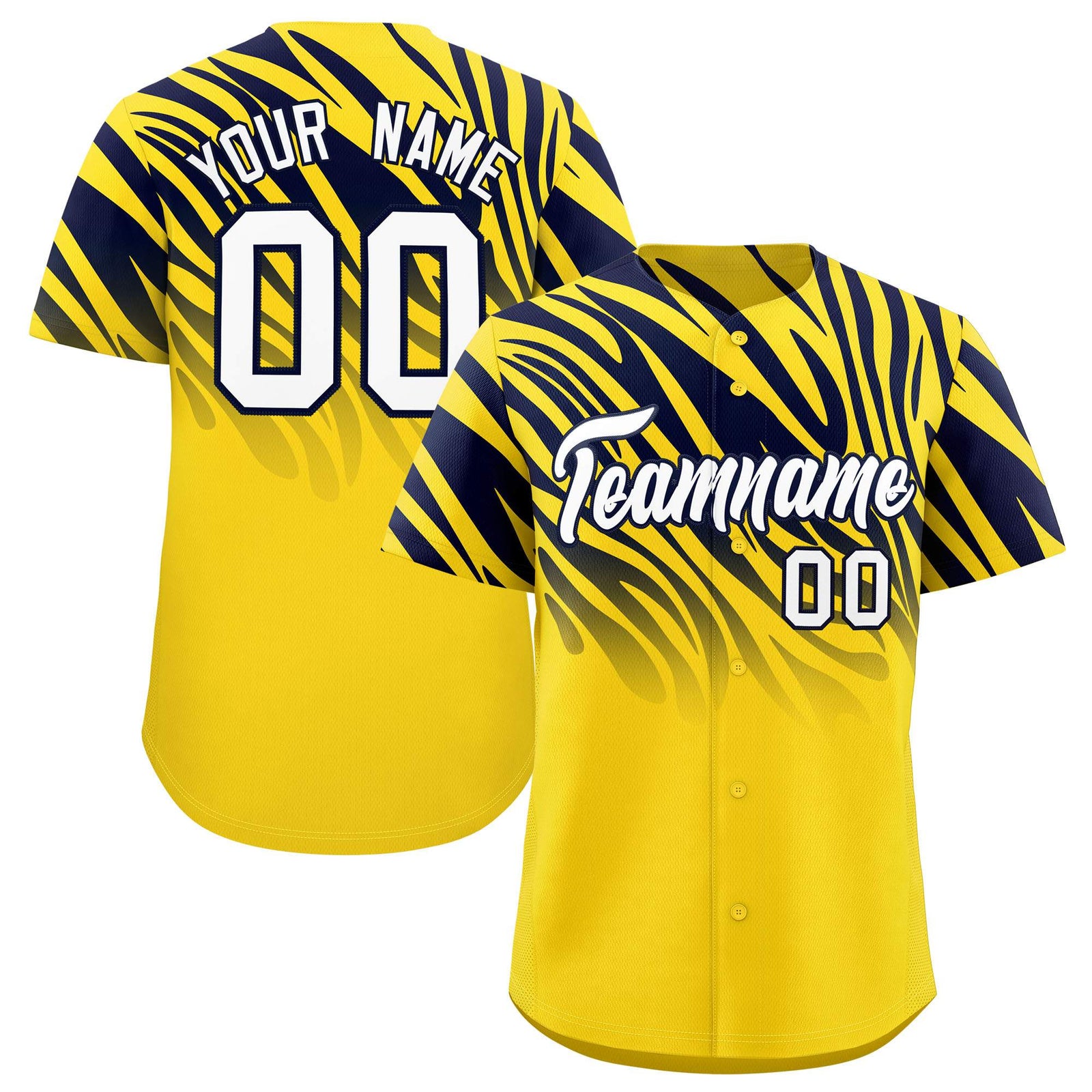 Custom Gold Navy Tiger Stripe Gradient Animal Print Personalized Team Shirt Baseball Jersey