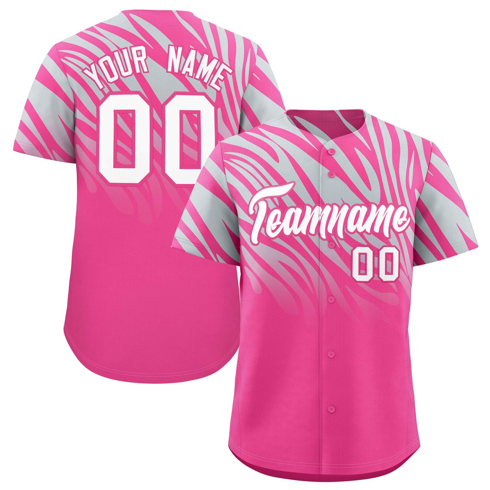 Custom Pink Silver Tiger Stripe Gradient Animal Print Personalized Team Shirt Baseball Jersey
