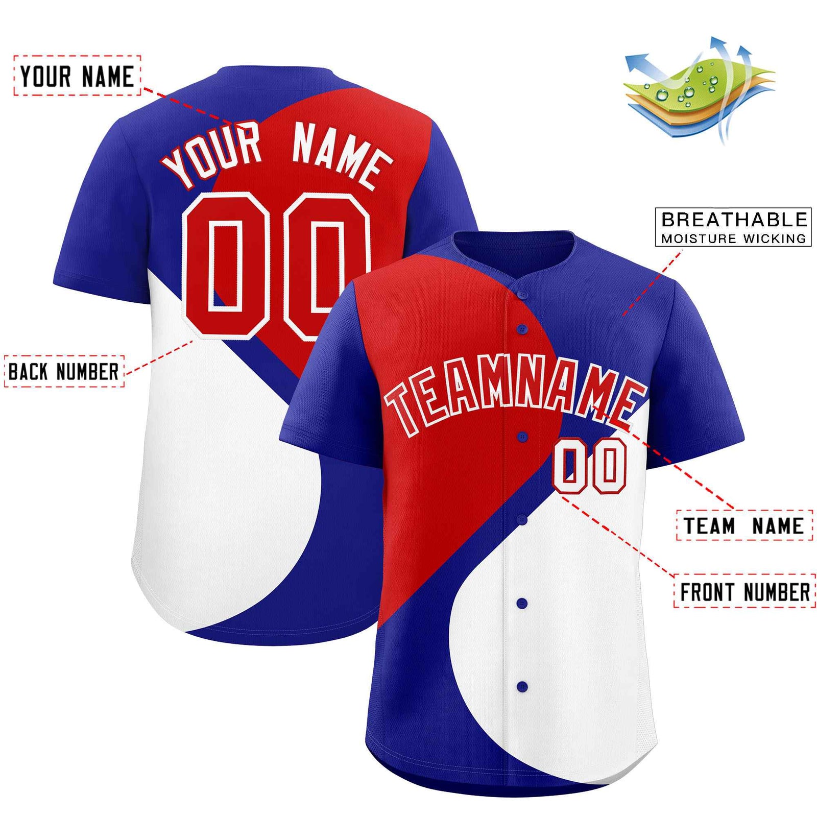 Custom Royal Red-White Color Block Personalized Half Heart Pattern Authentic Baseball Jersey