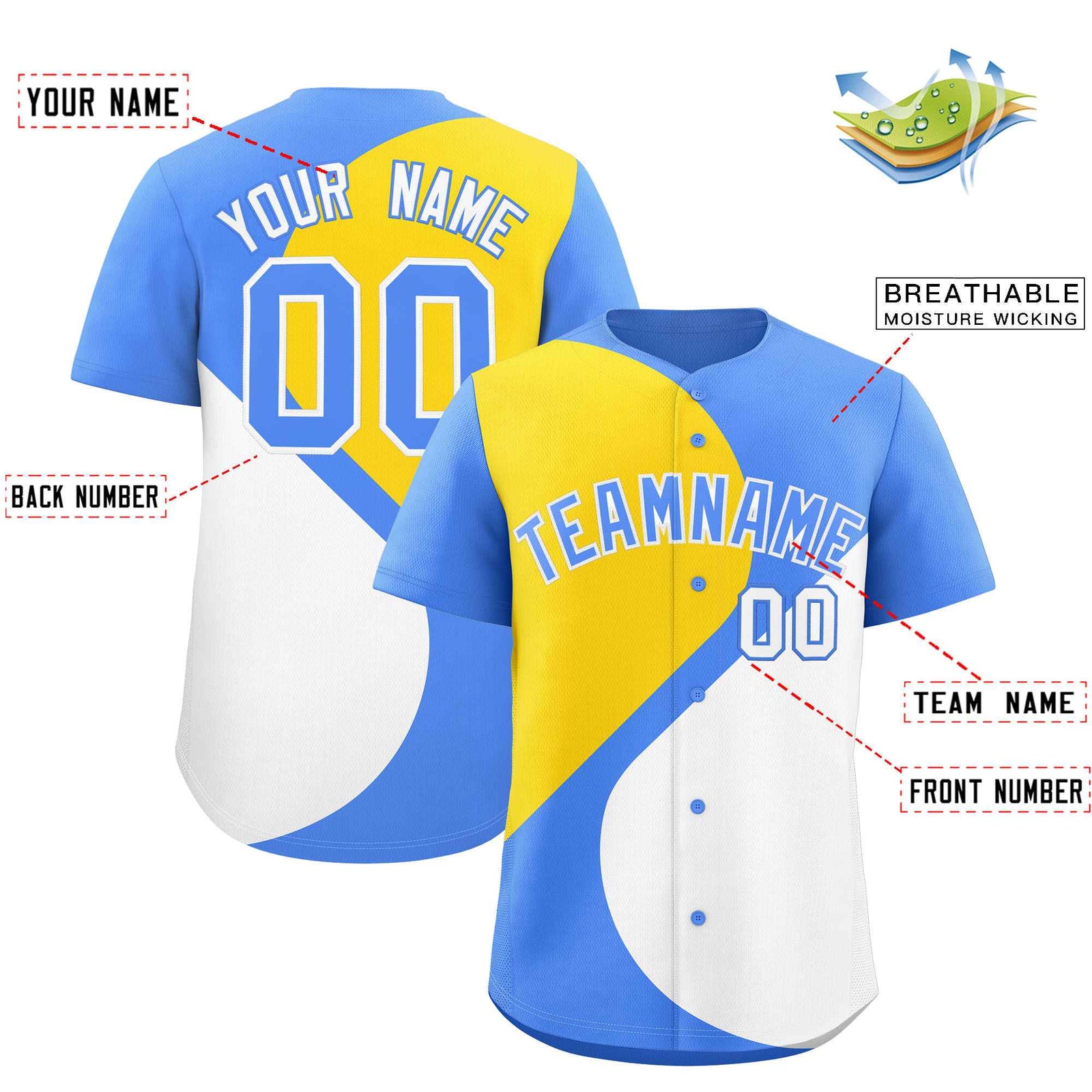 Custom Powder Blue Gold-White Color Block Personalized Half Heart Pattern Authentic Baseball Jersey