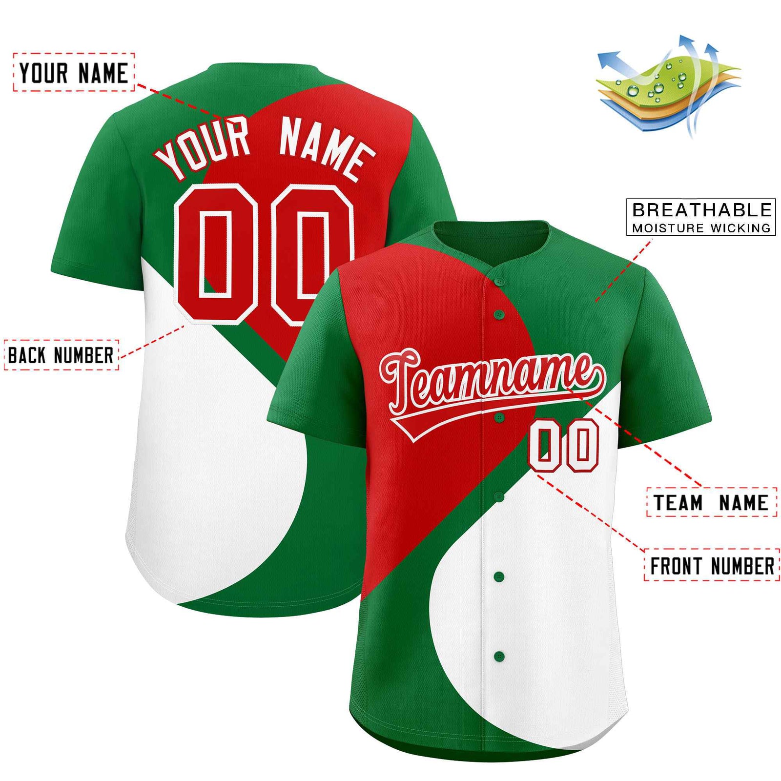 Custom Kelly Green Red-White Color Block Personalized Half Heart Pattern Authentic Baseball Jersey