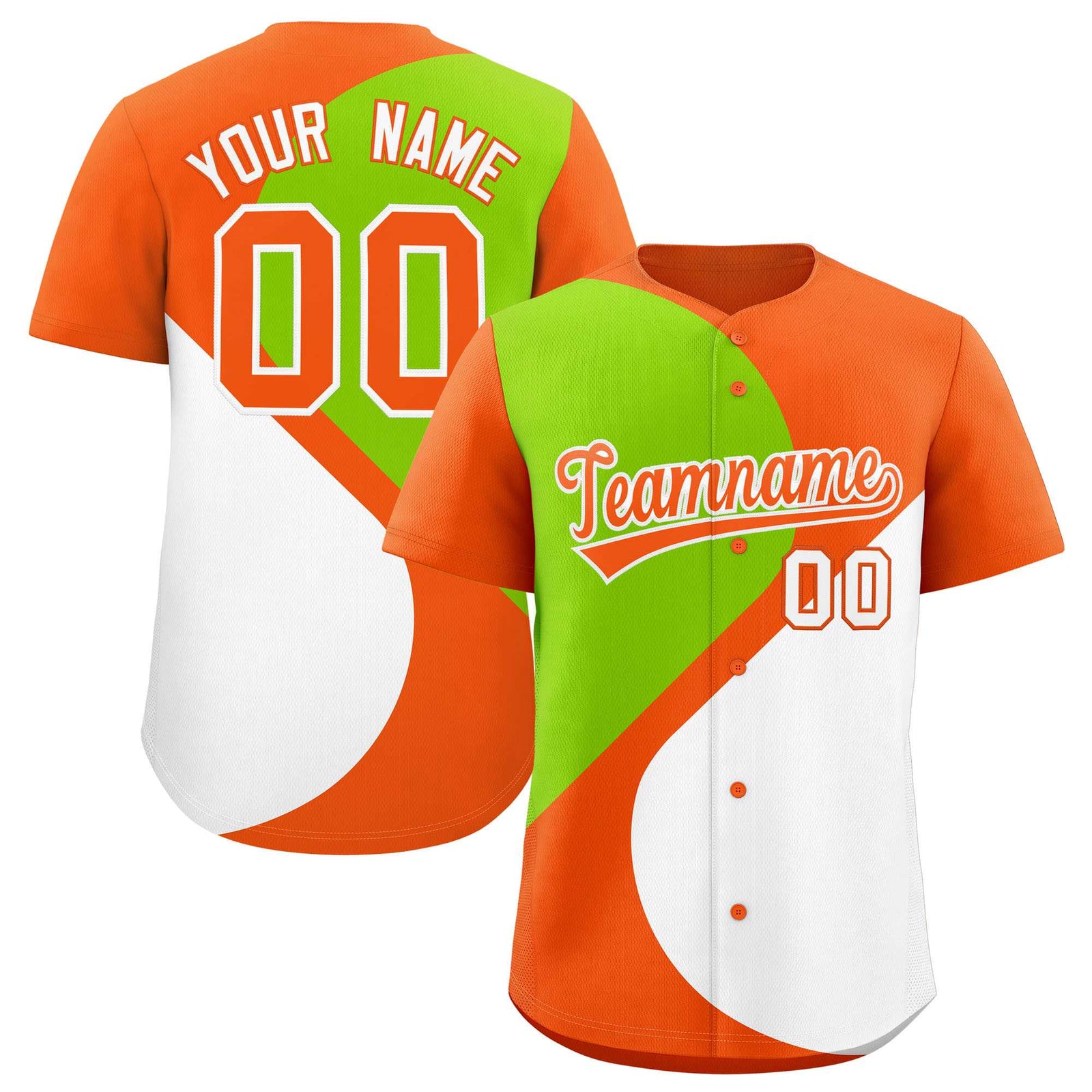 Custom Orange Neon Green-White Color Block Personalized Half Heart Pattern Authentic Baseball Jersey