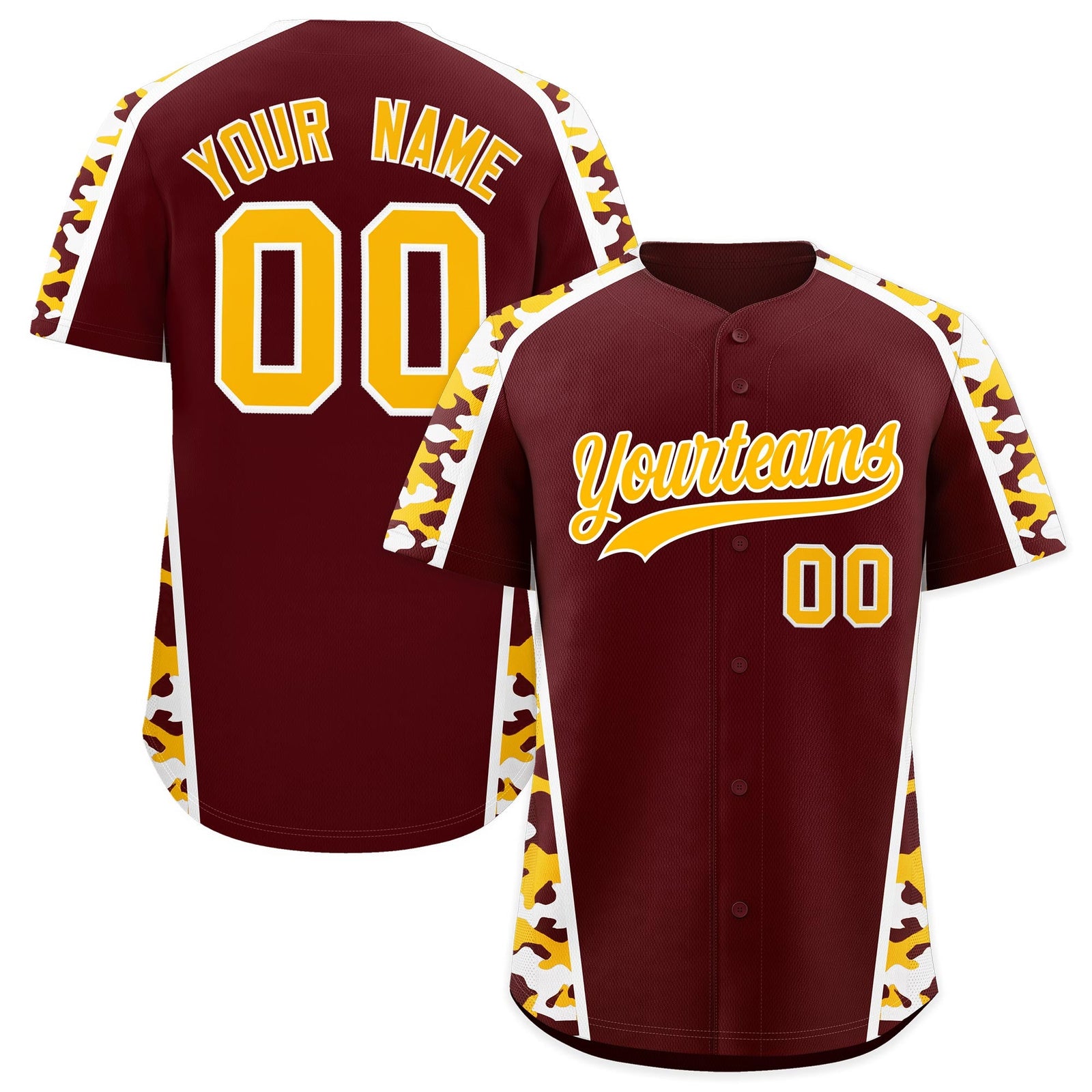 Custom Burgundy Yellow Side Camo Style Personalization Baseball Jersey| KXKSHOP