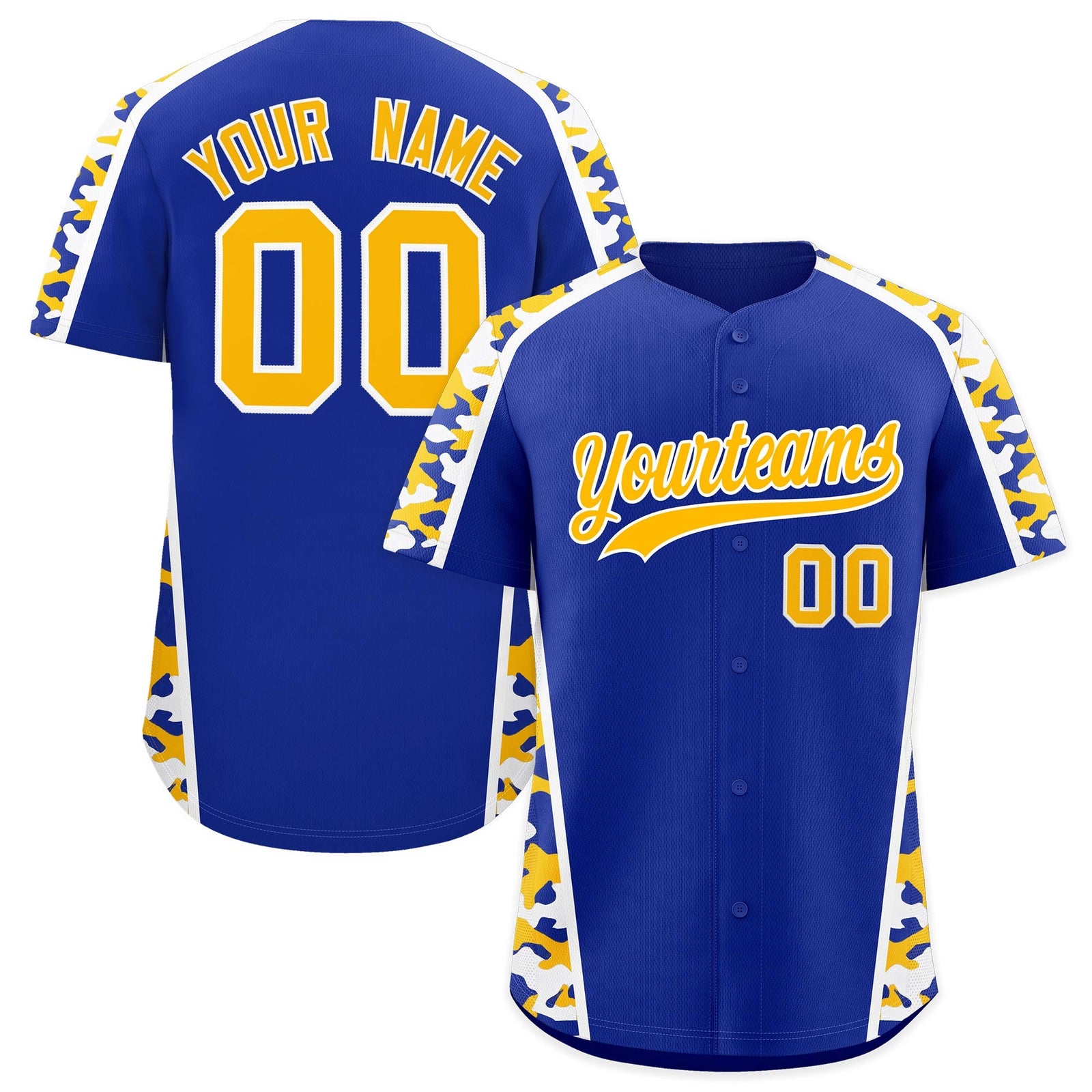 Custom Royal Blue Yellow Side Camo Style Personalization Baseball Jersey| KXKSHOP