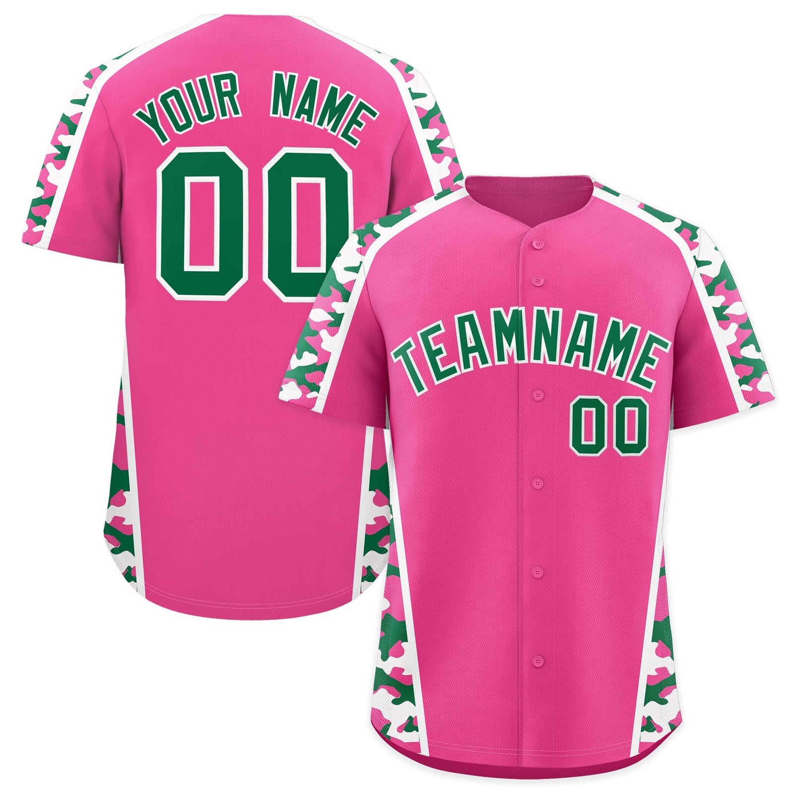 Custom Pink Kelly Green Side Camo Style Personalization Baseball Jersey| KXKSHOP
