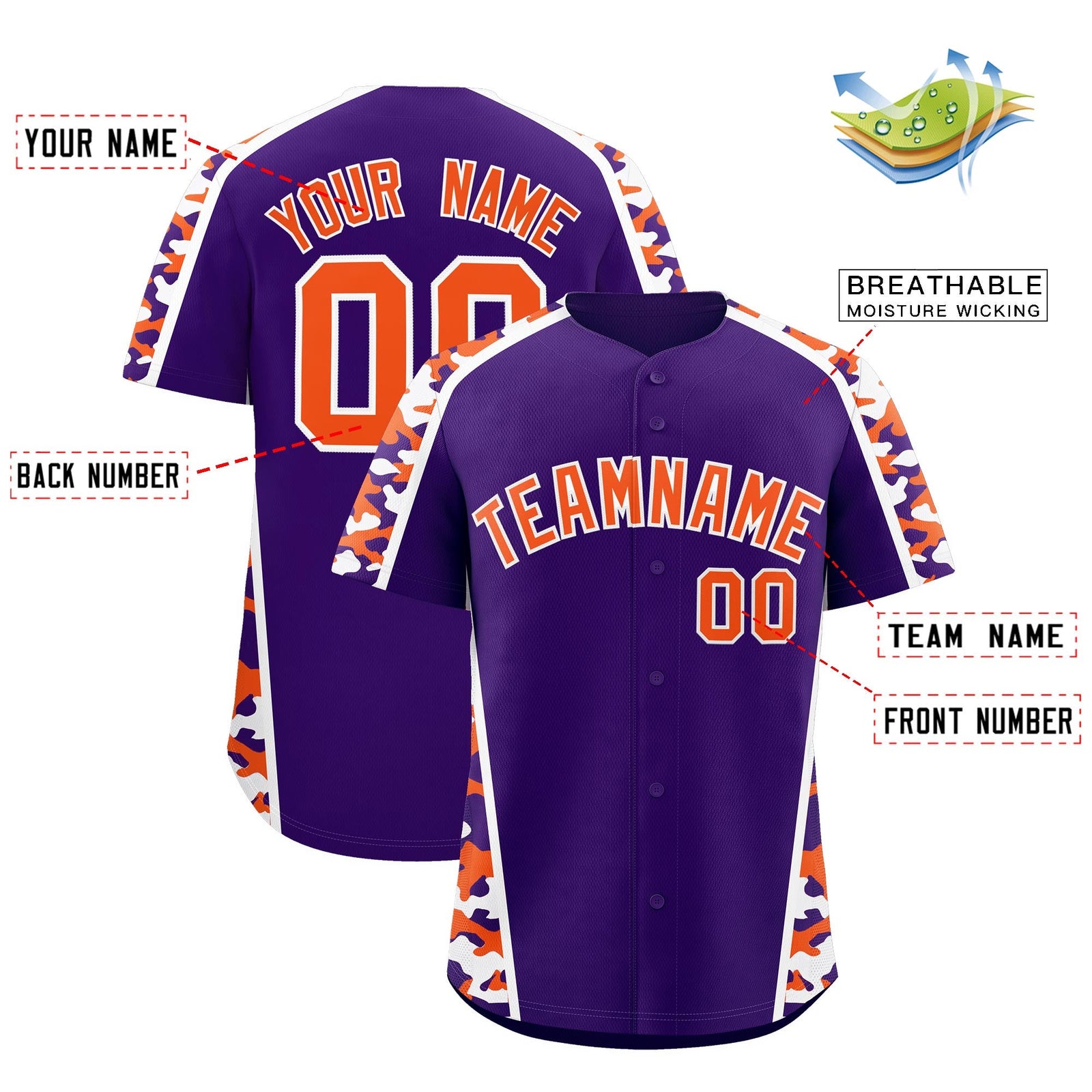 Custom Purple Orange Side Camo Style Personalization Baseball Jersey| KXKSHOP