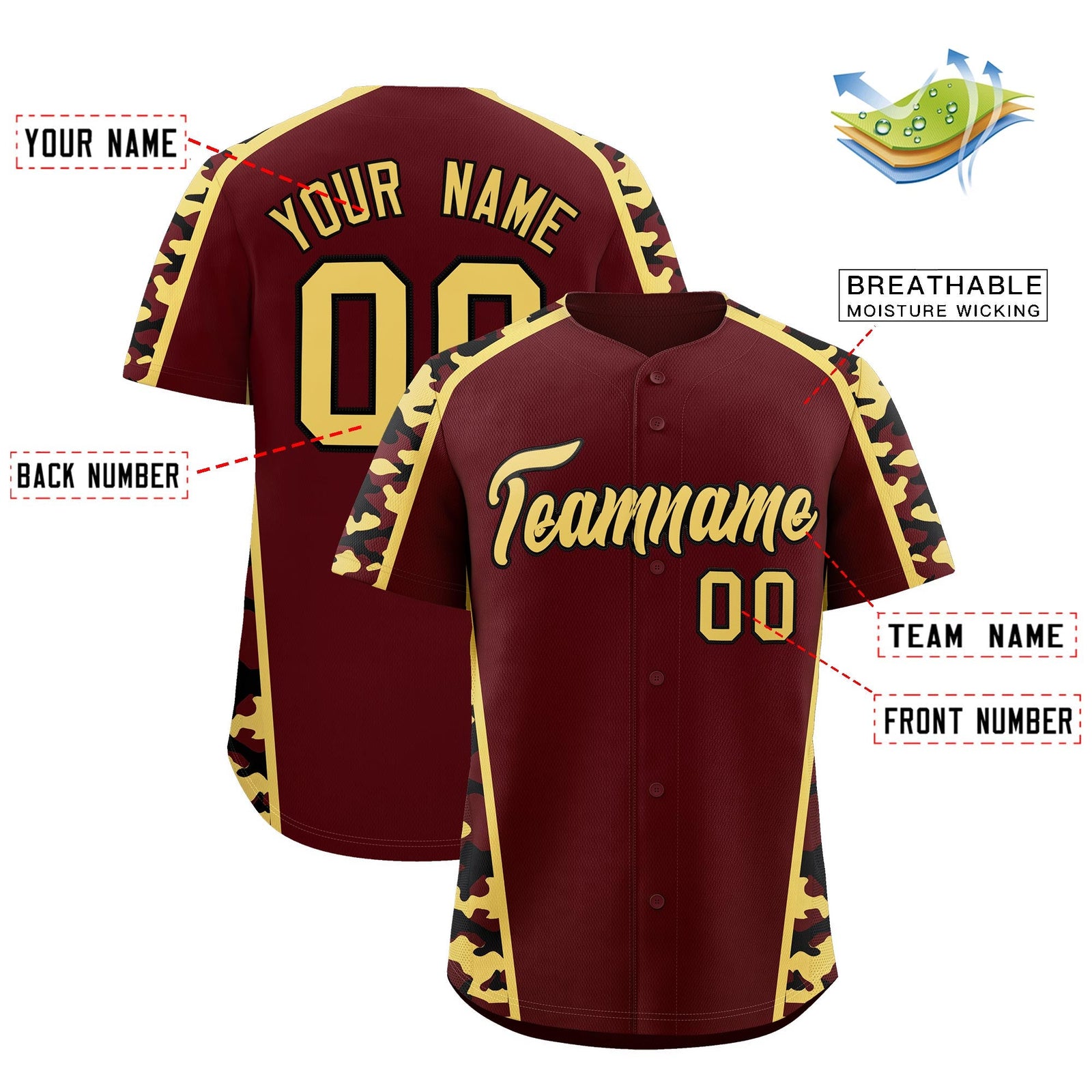Custom Burgundy Khaki Side Camo Style Personalization Baseball Jersey| KXKSHOP